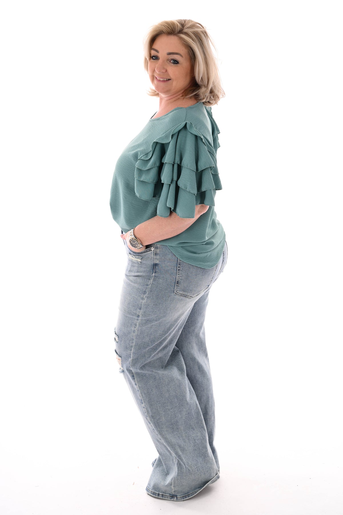 Top korte roezelmouwen uni lindegroen