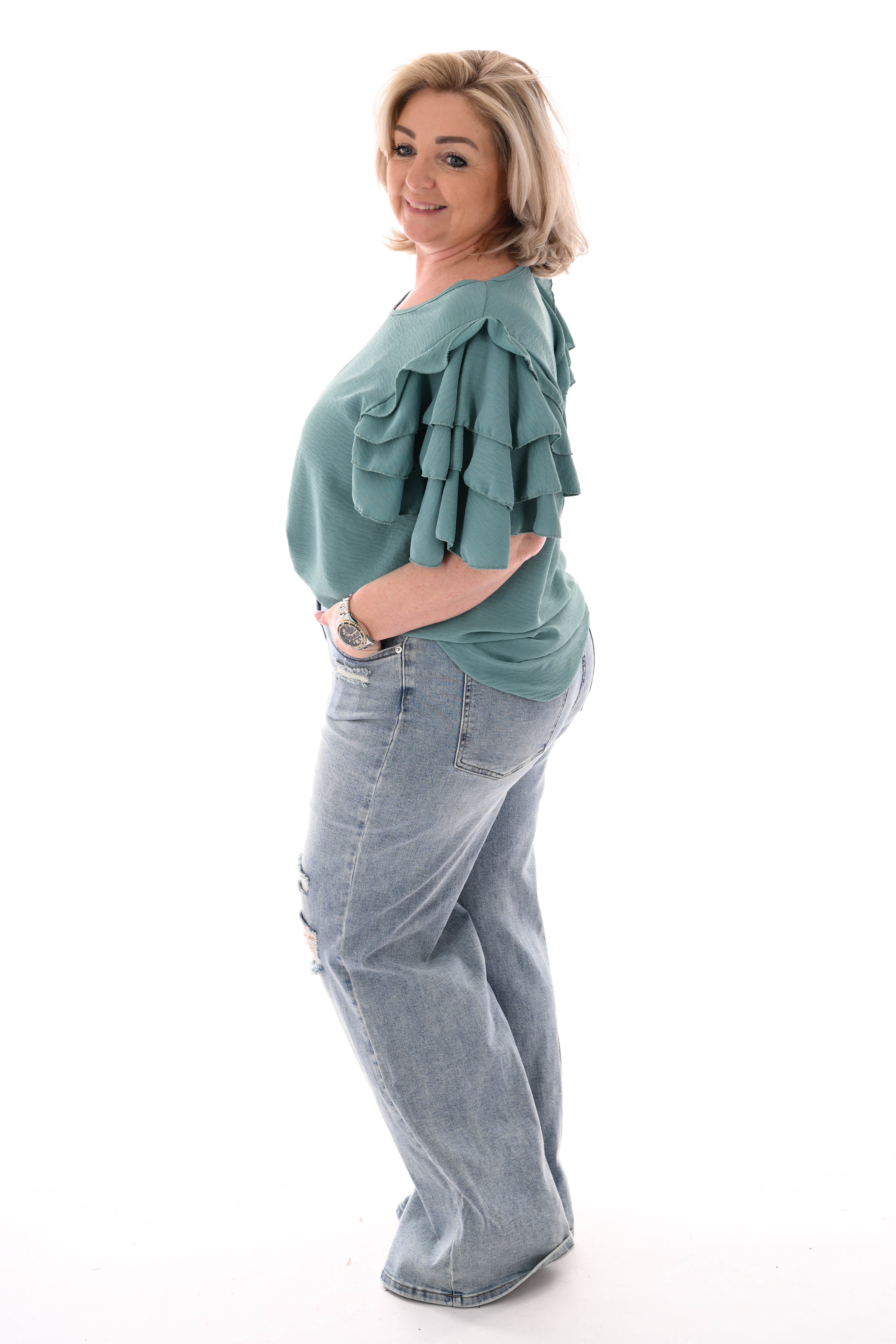 Top korte roezelmouwen uni lindegroen