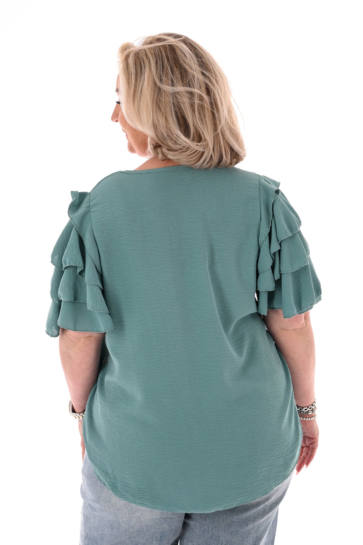 Top korte roezelmouwen uni lindegroen