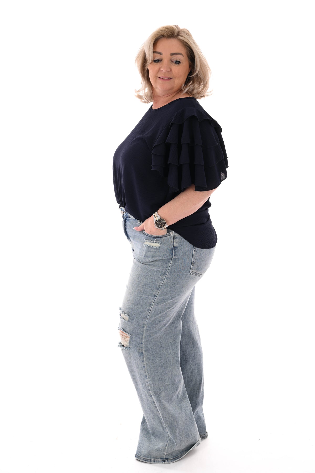 Top korte roezelmouwen uni marineblauw