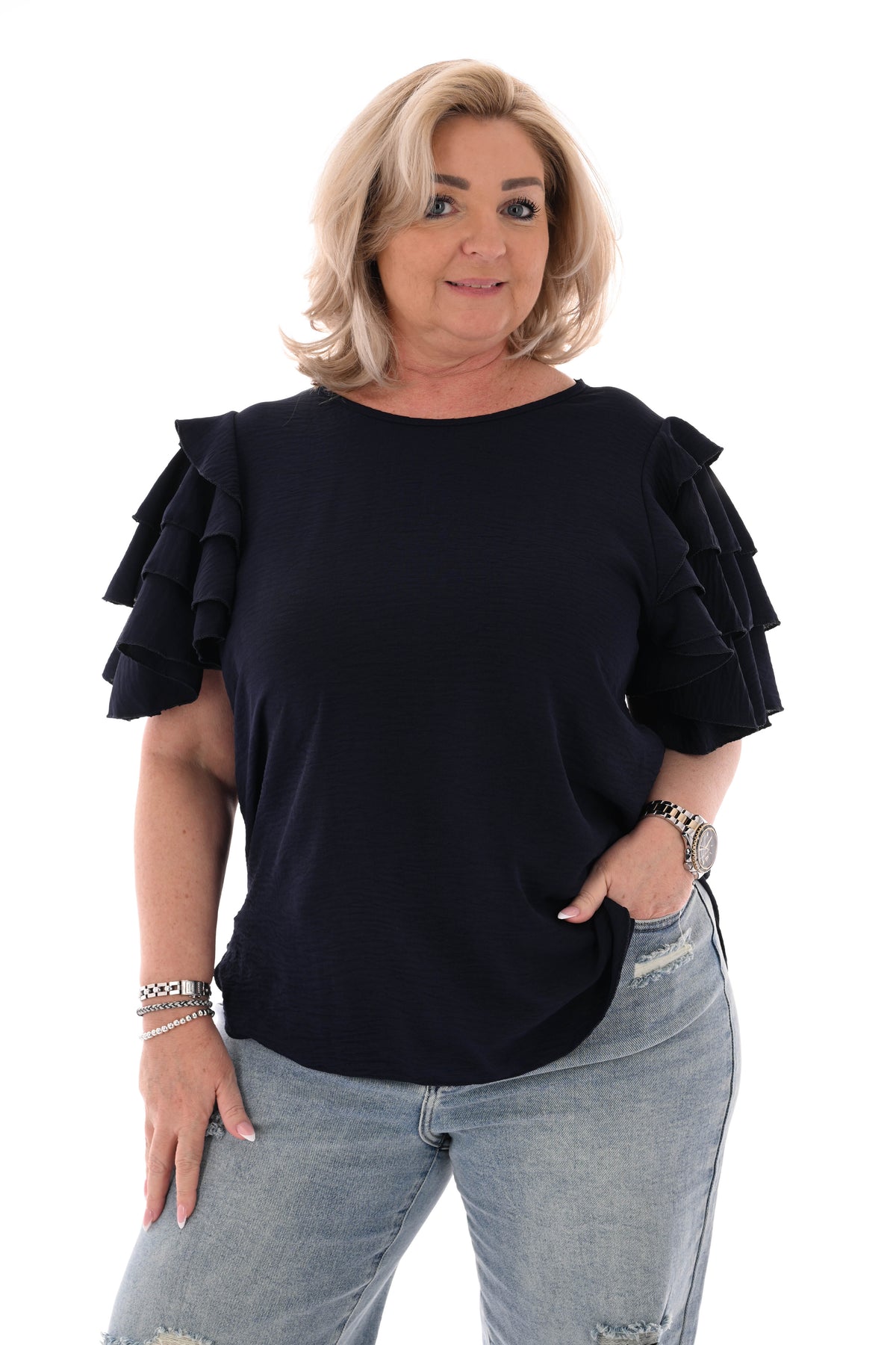 Top korte roezelmouwen uni marineblauw