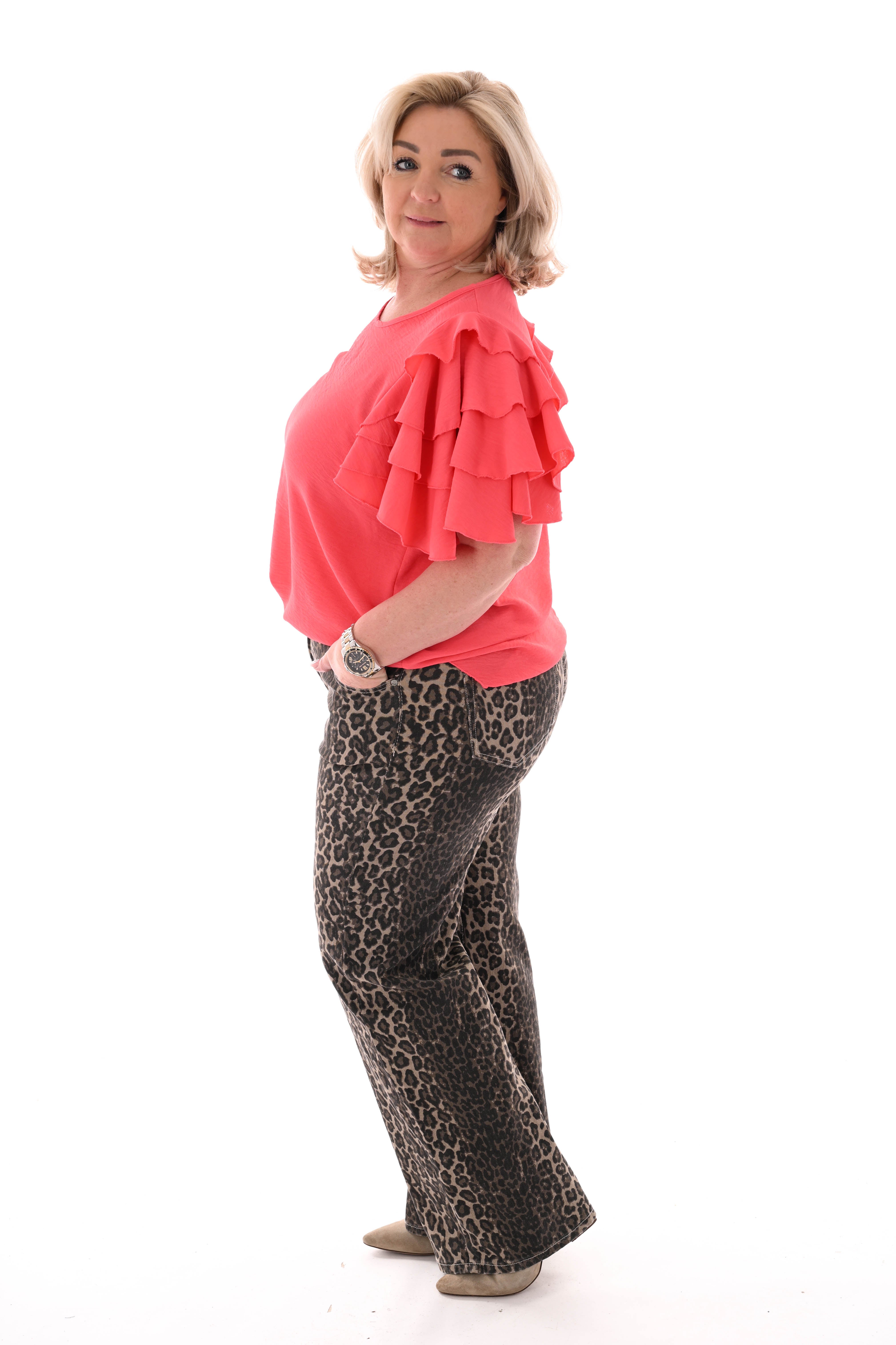 Top korte roezelmouwen uni koraal