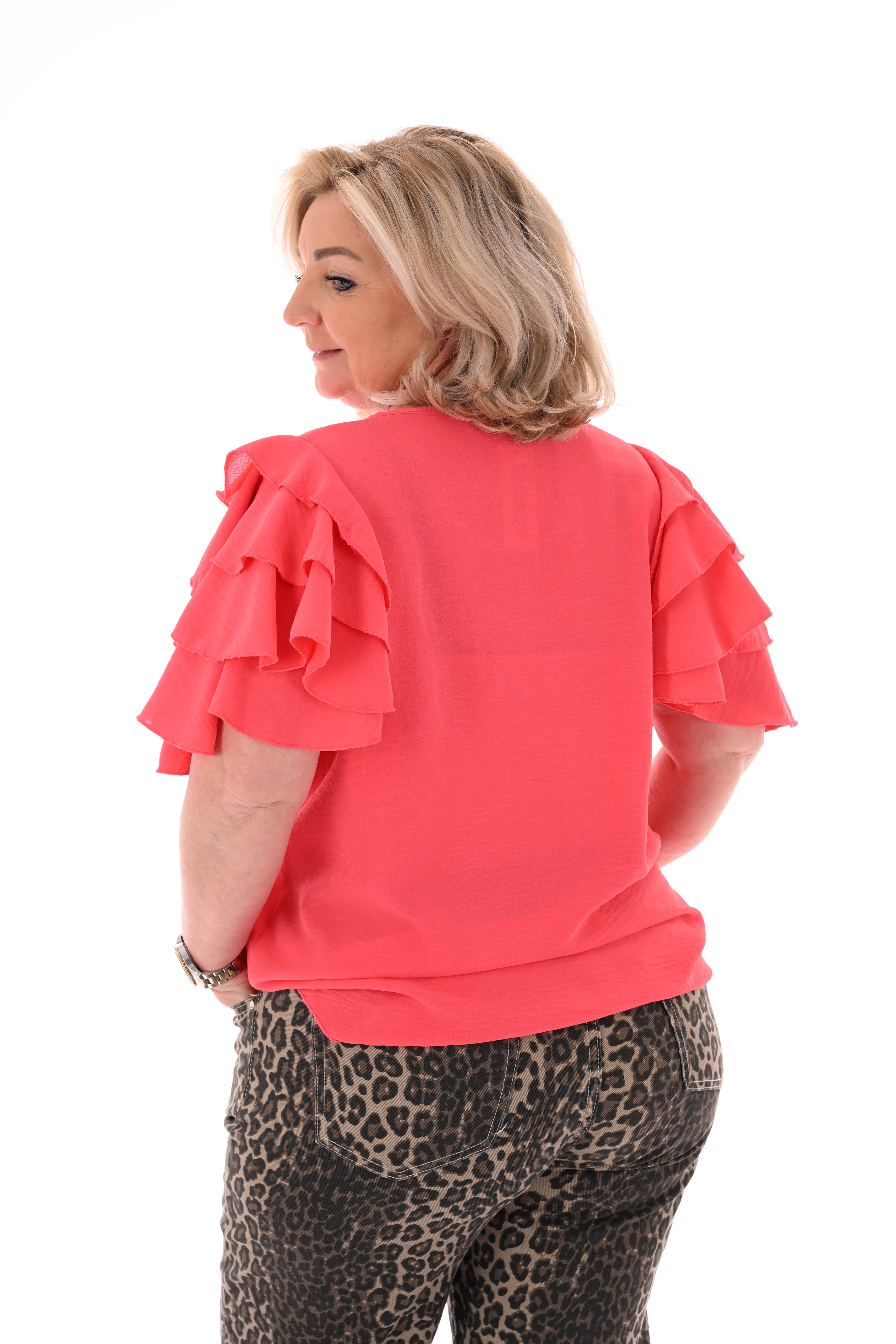 Top korte roezelmouwen uni koraal