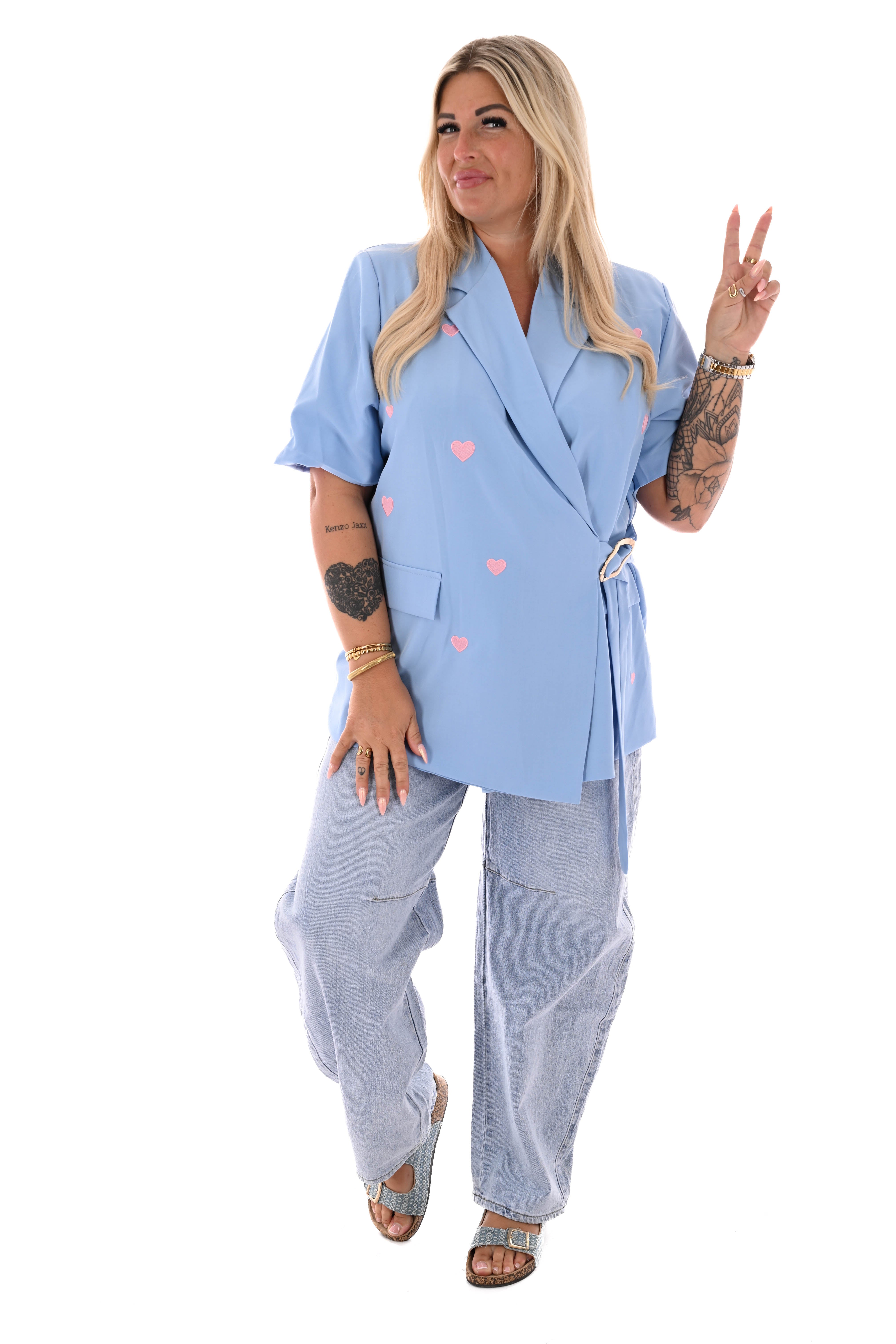 Blazer korte mouwen met hartjes lichtblauw