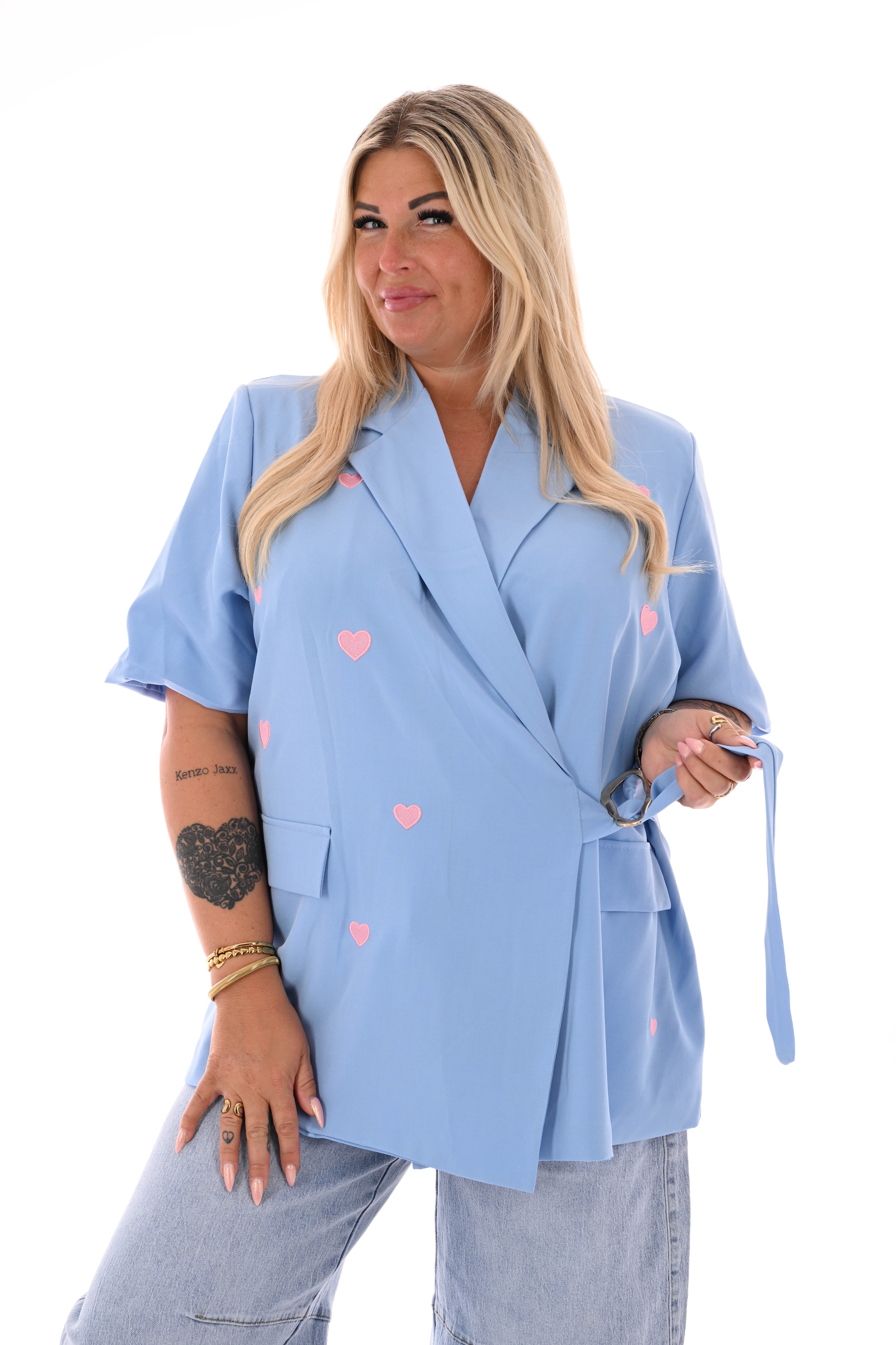 Blazer korte mouwen met hartjes lichtblauw