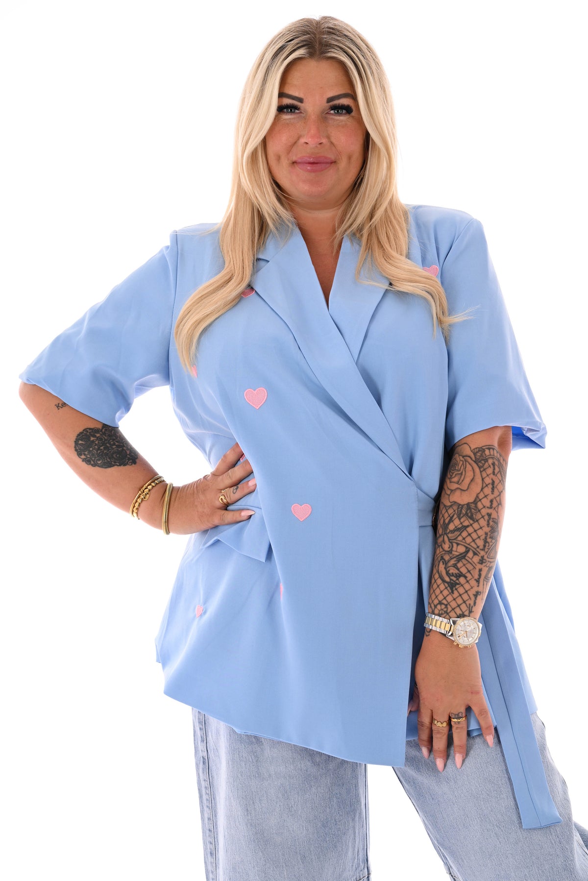 Blazer korte mouwen met hartjes lichtblauw