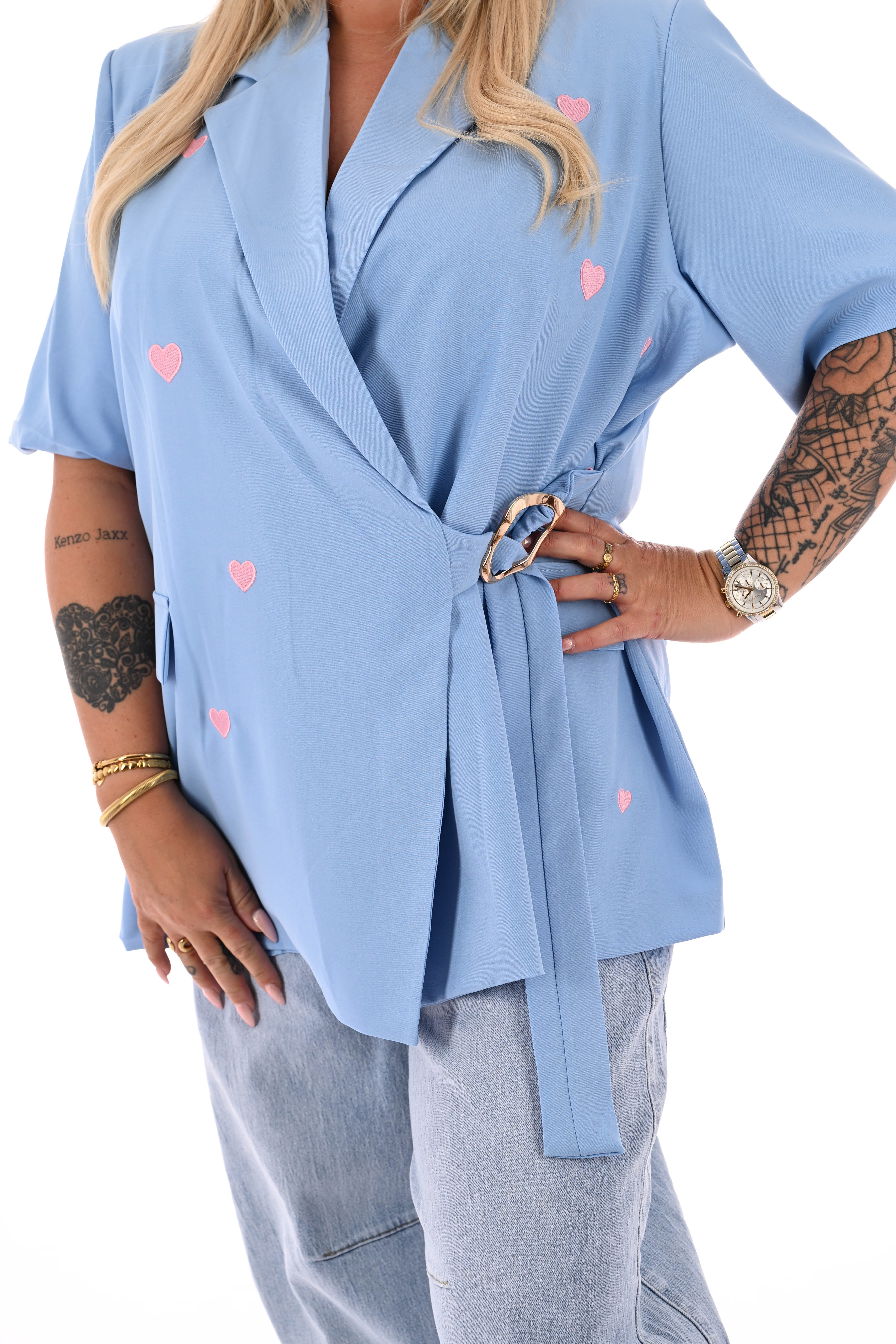 Blazer korte mouwen met hartjes lichtblauw