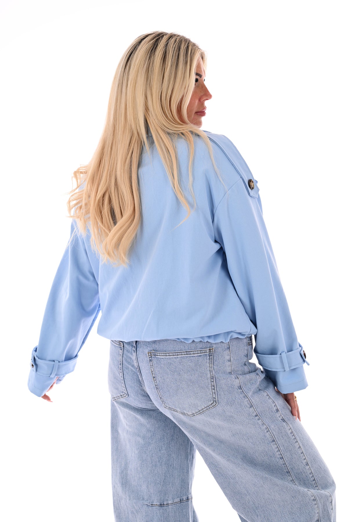 Korte trench bomber jas lichtblauw