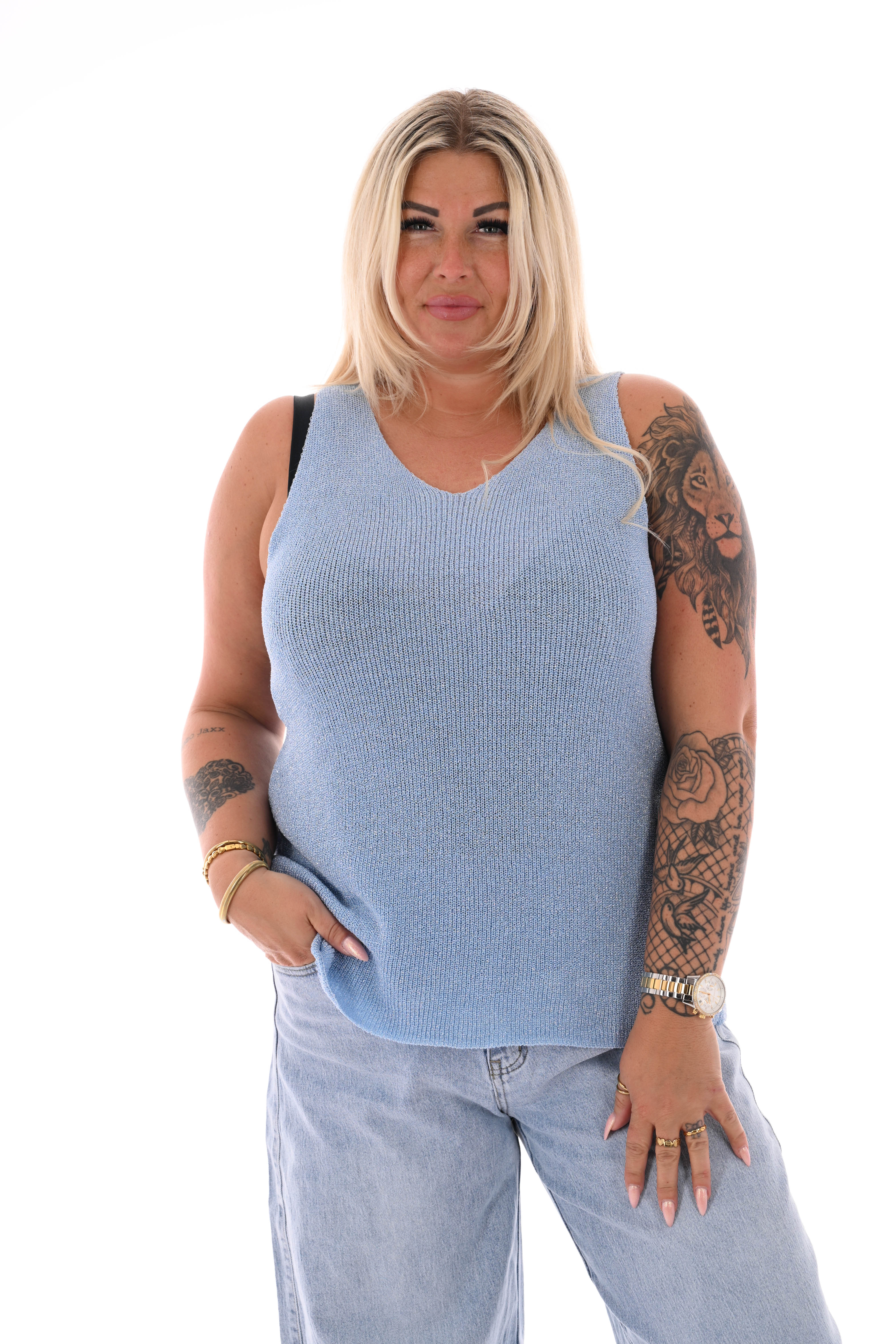 Hemdje lurex v-hals lichtblauw