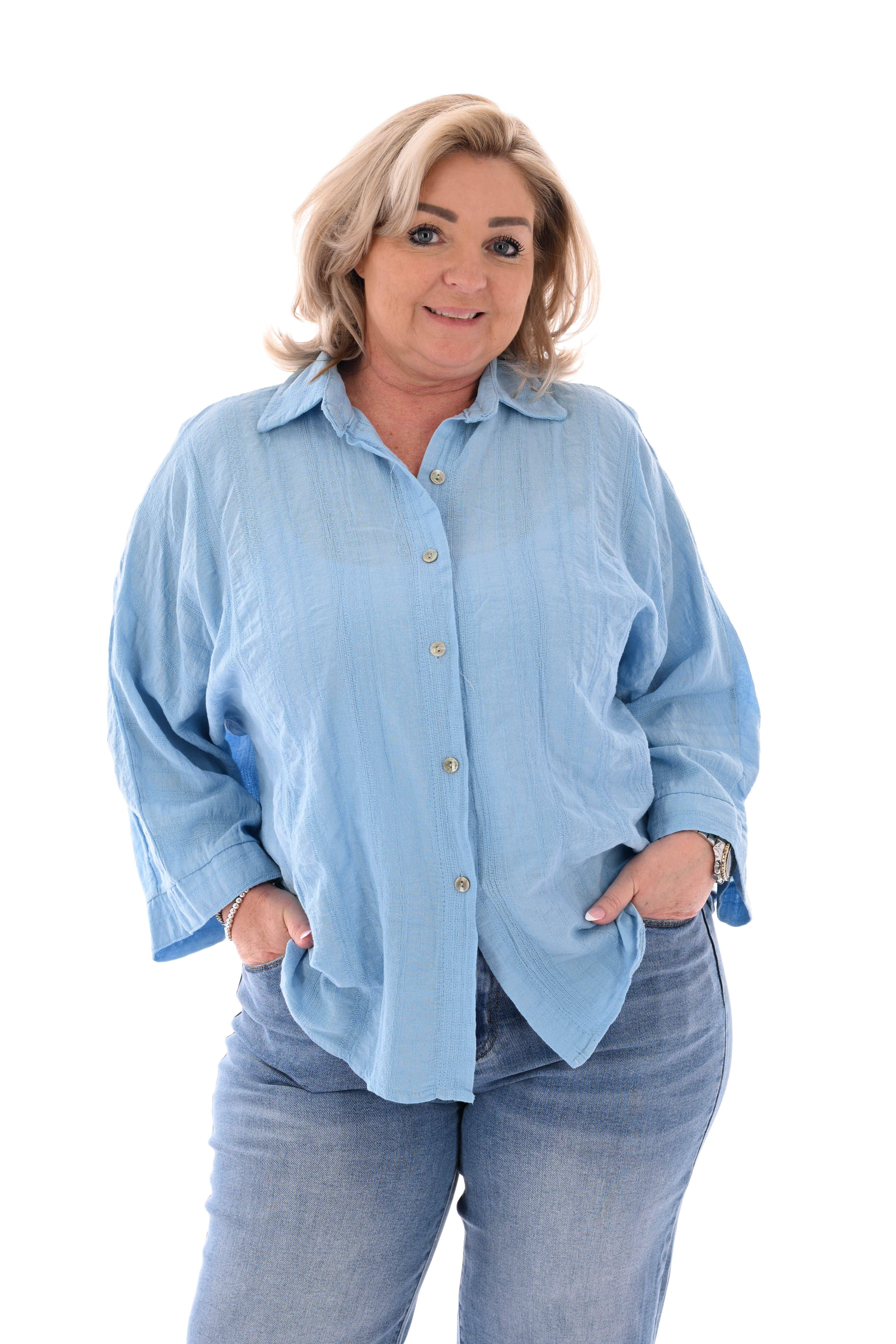 Blouse 3/4e mouwen uni lichtblauw