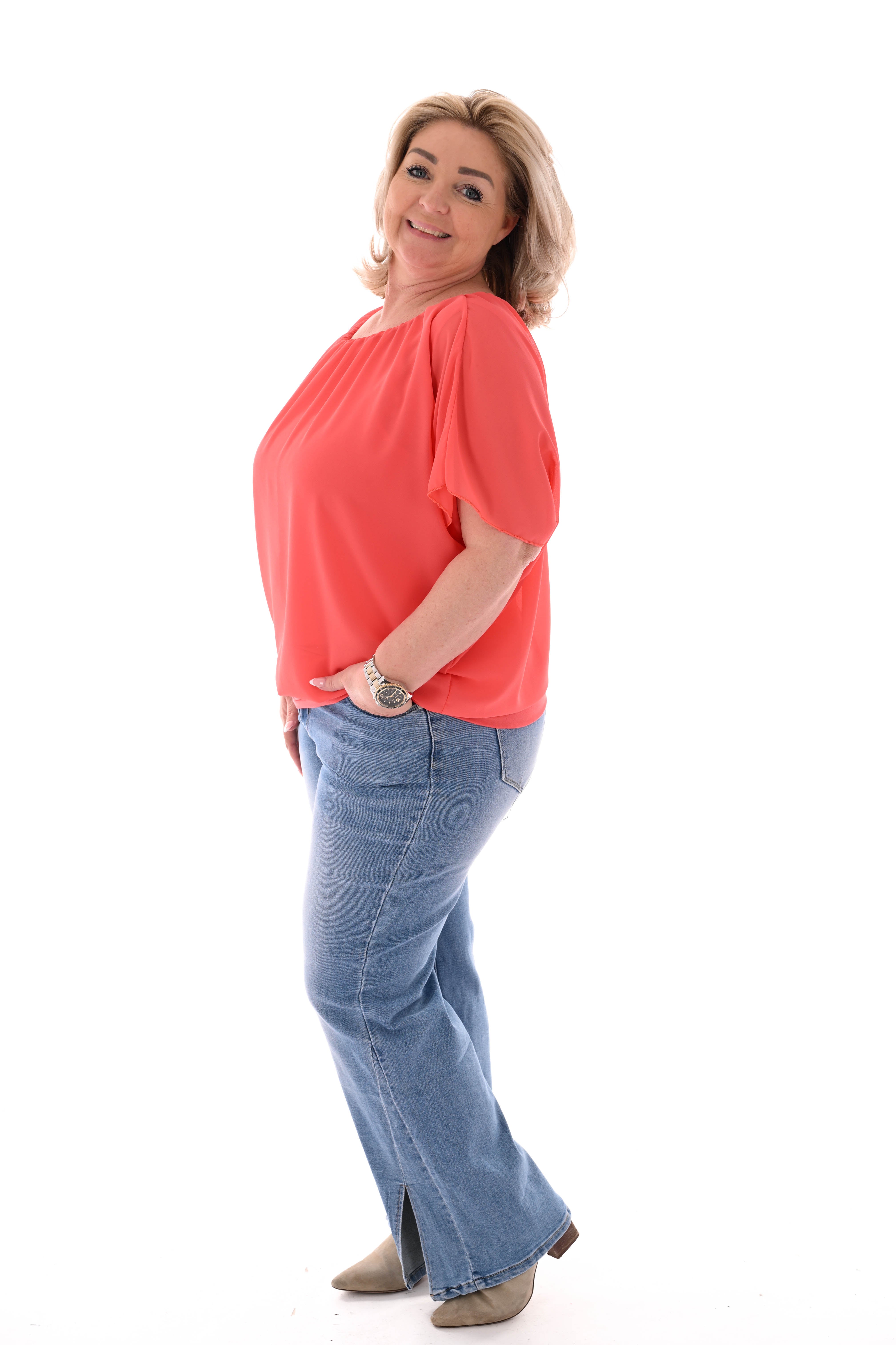 Ballon top korte mouwen uni koraal