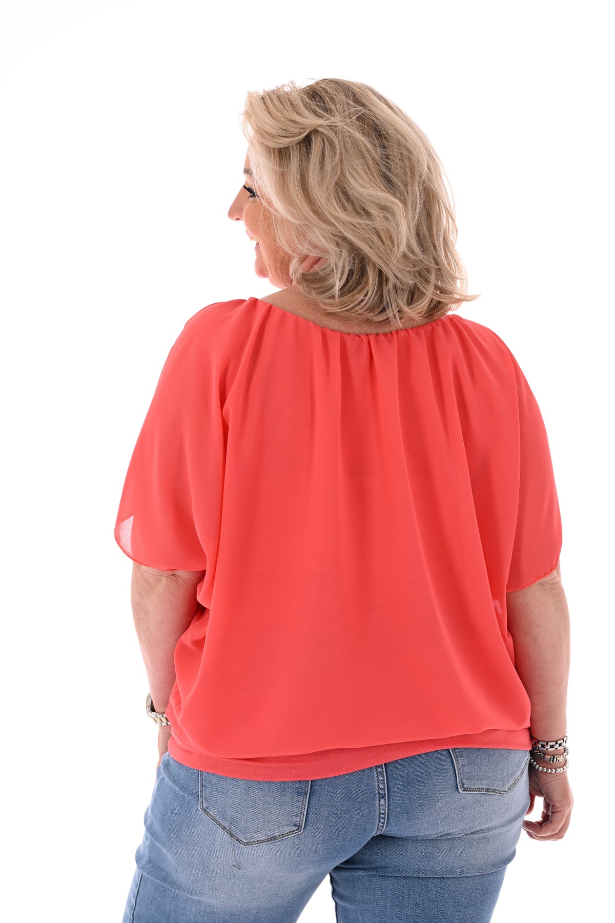 Ballon top korte mouwen uni koraal