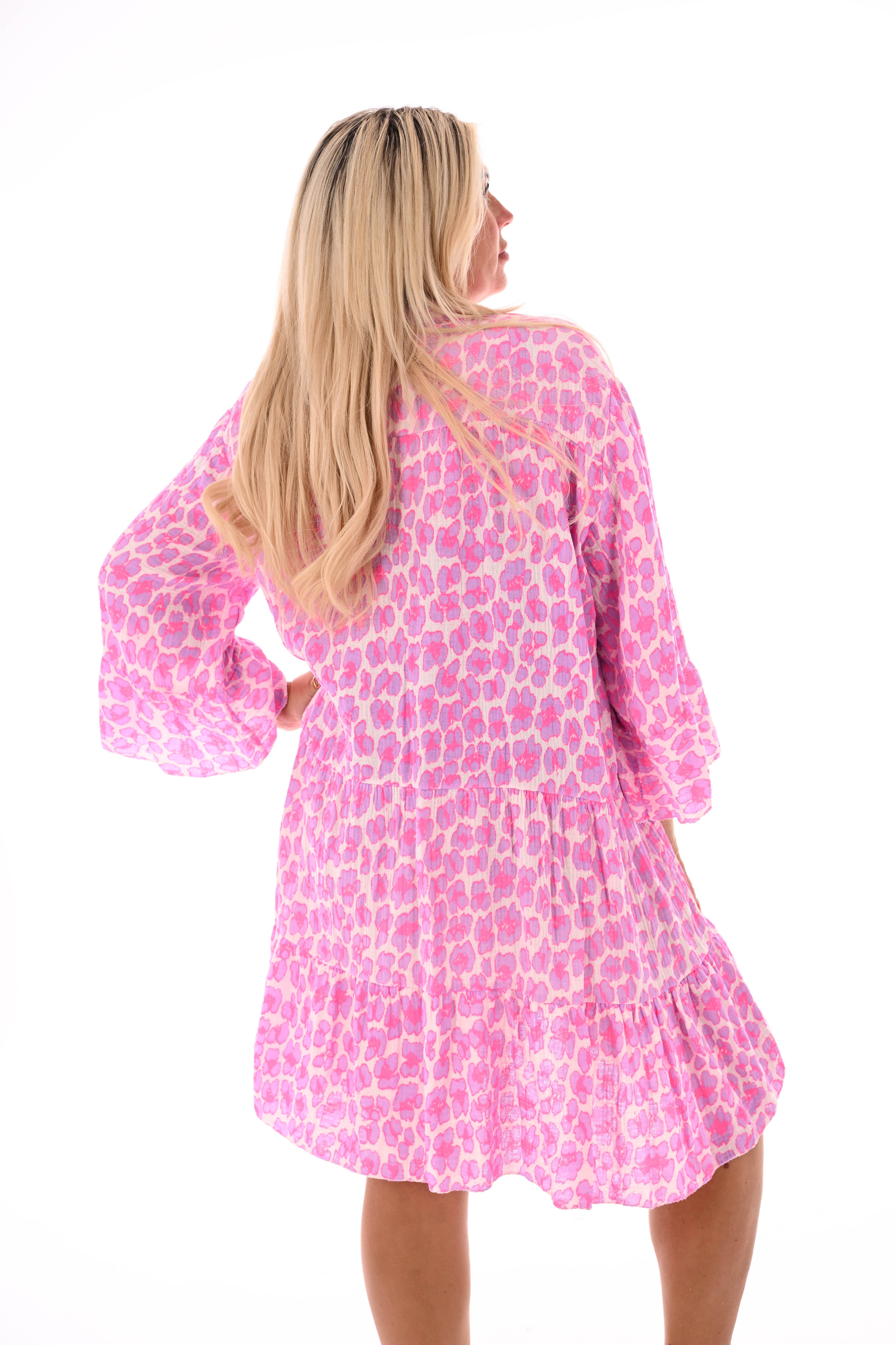 Korte jurk v-hals stroken panterprint lila/felroze