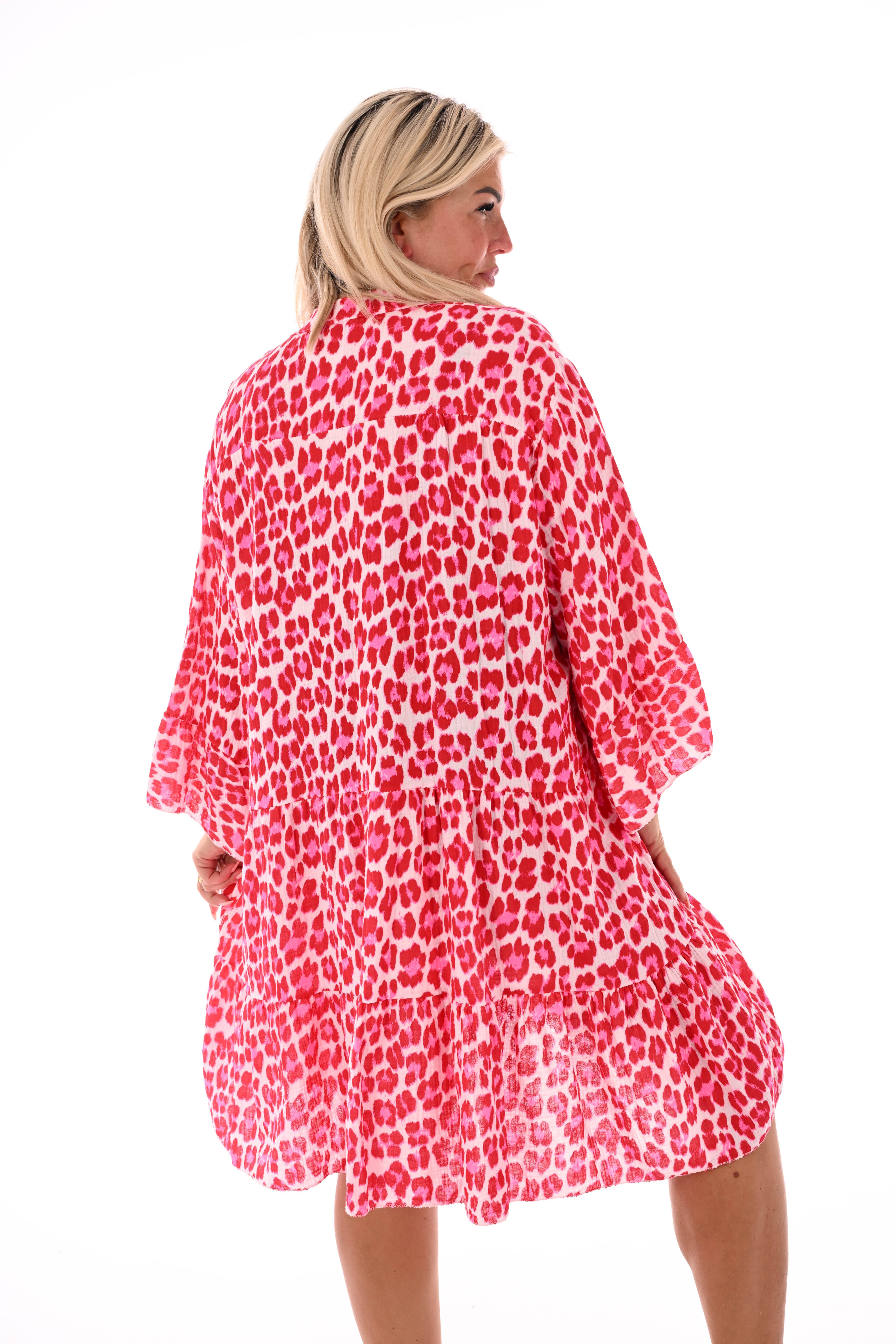 Korte jurk v-hals stroken panterprint rood/felroze