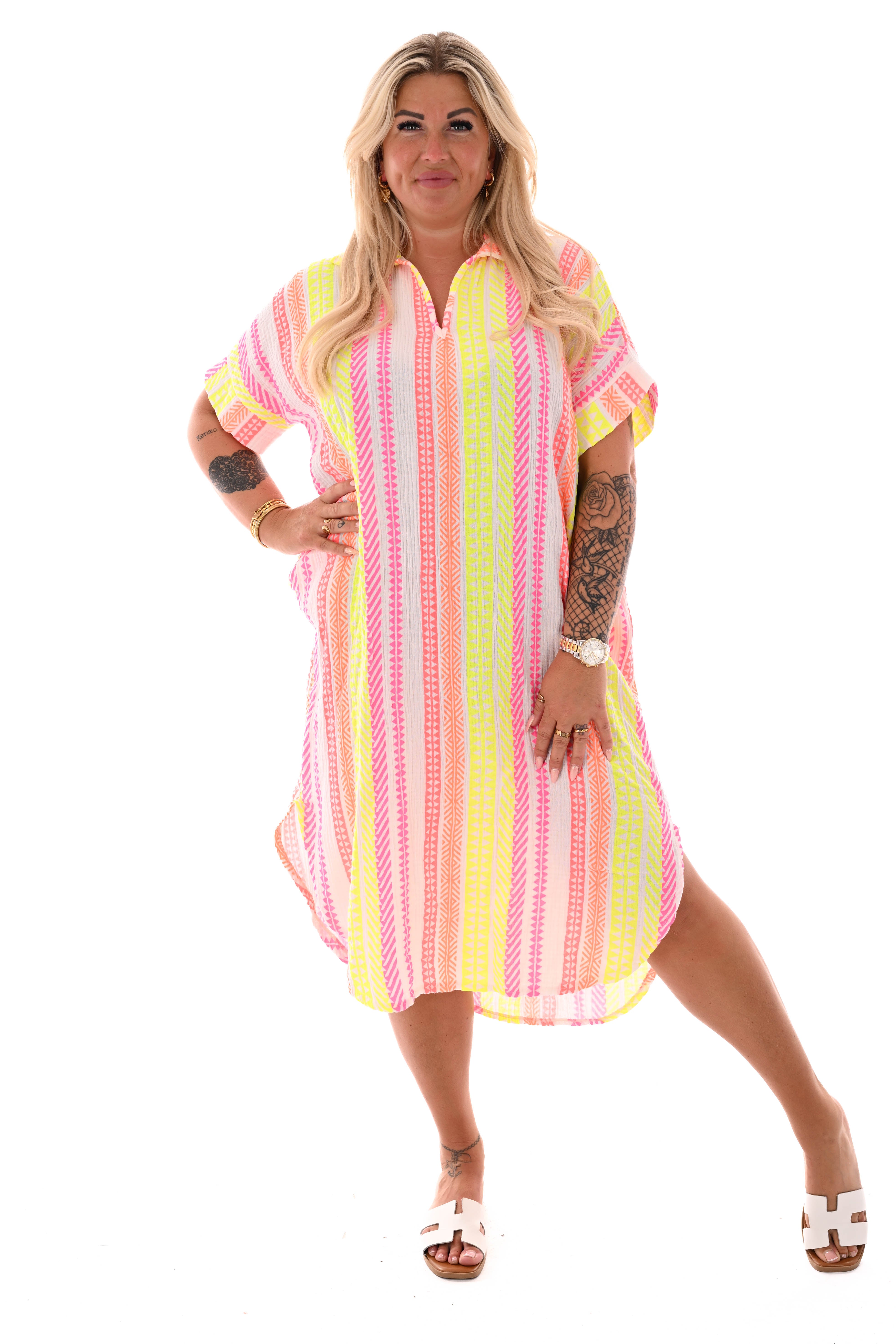 Wafel jurk v-hals aztec print roomwit