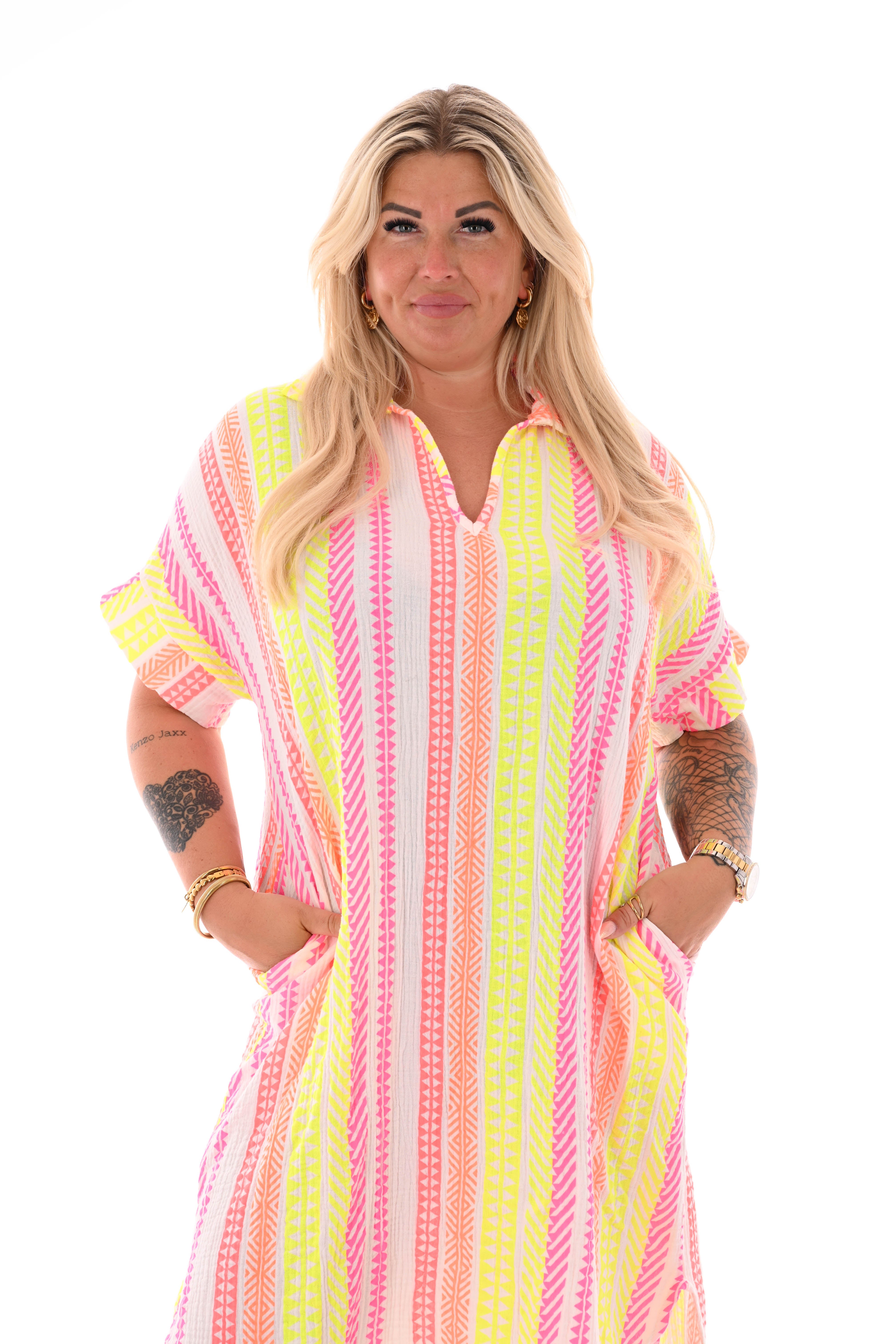 Wafel jurk v-hals aztec print roomwit