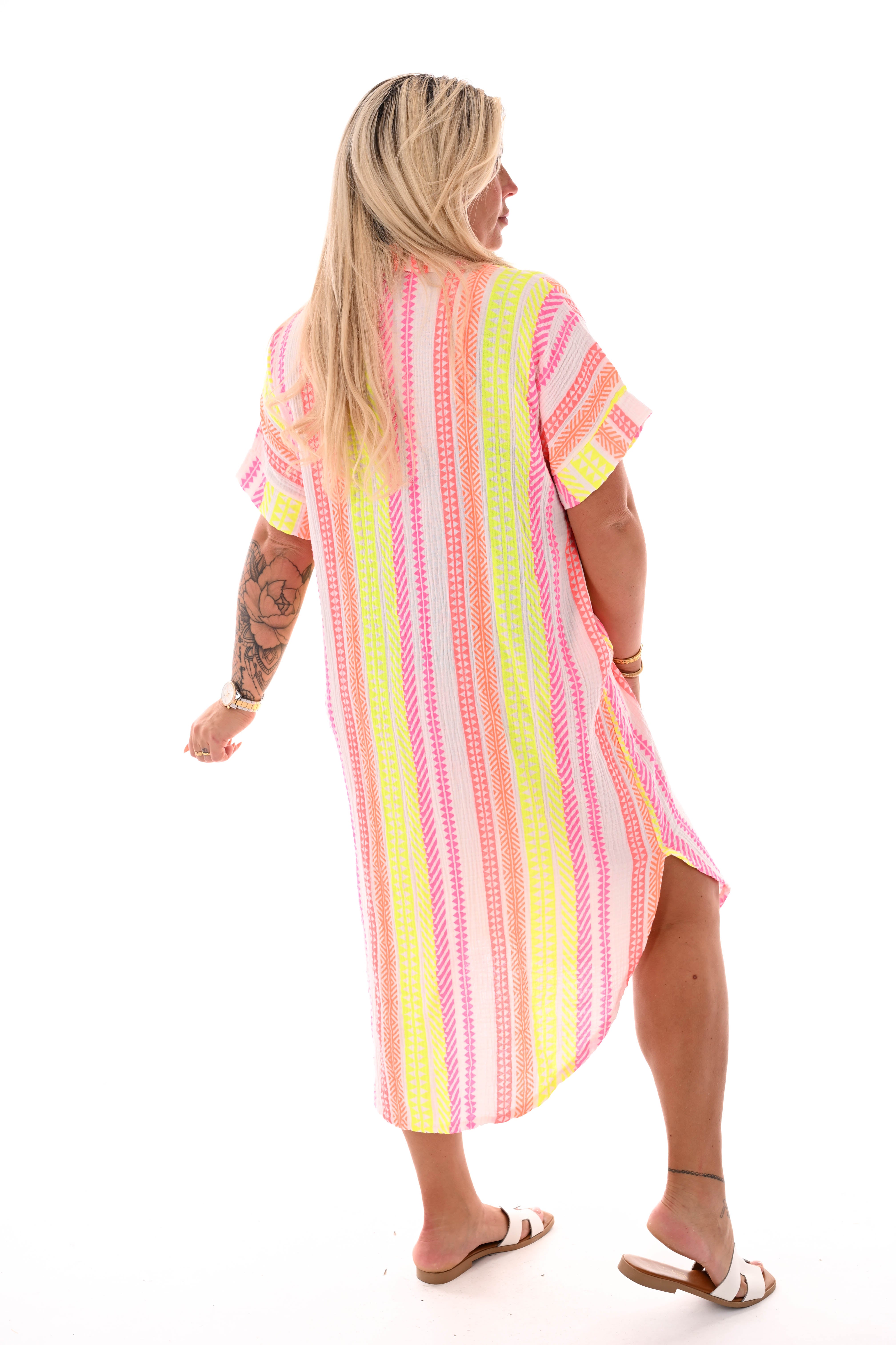 Wafel jurk v-hals aztec print roomwit