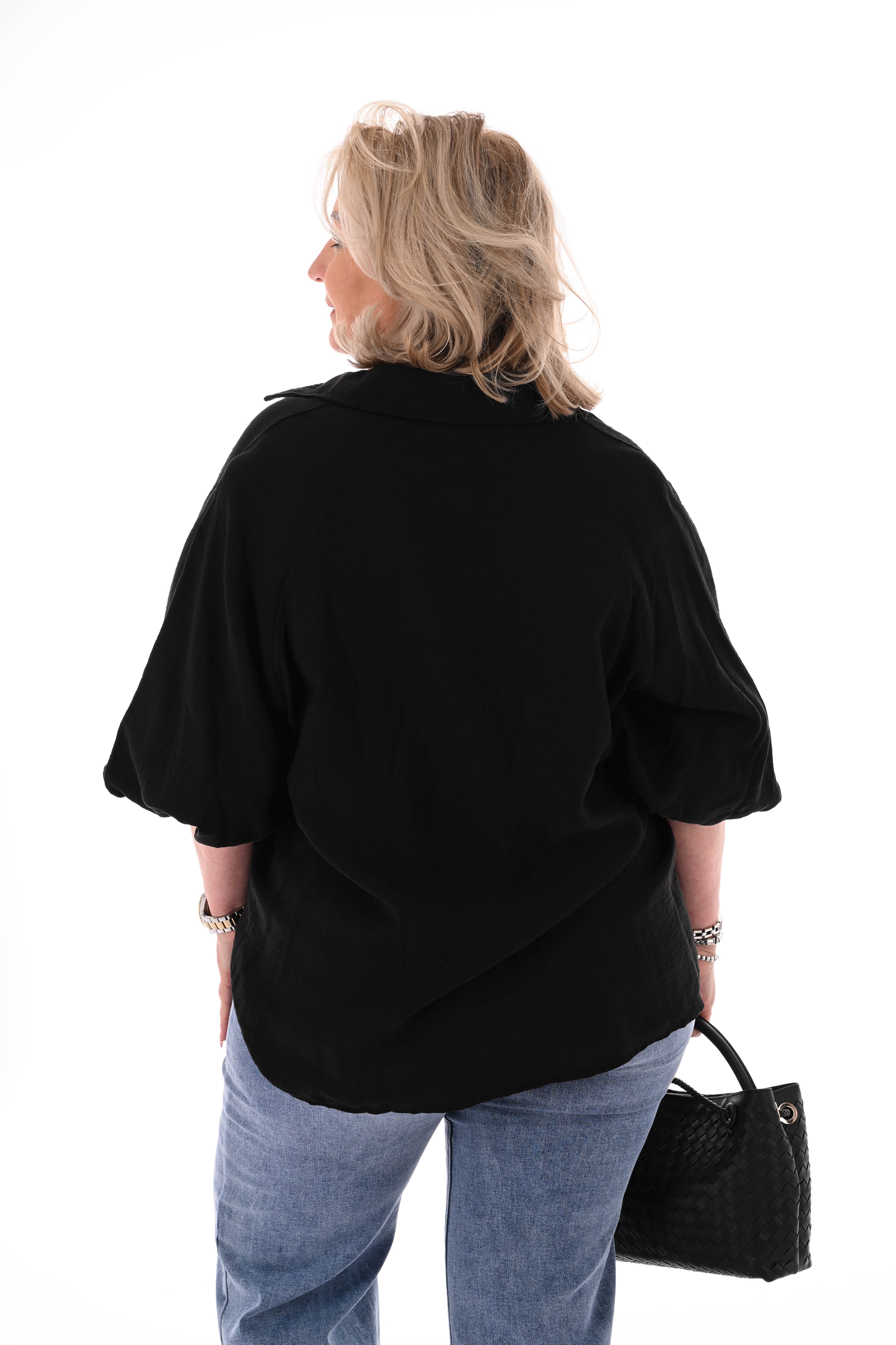 Doorknoop blouse kraag korte pofmouwen zwart