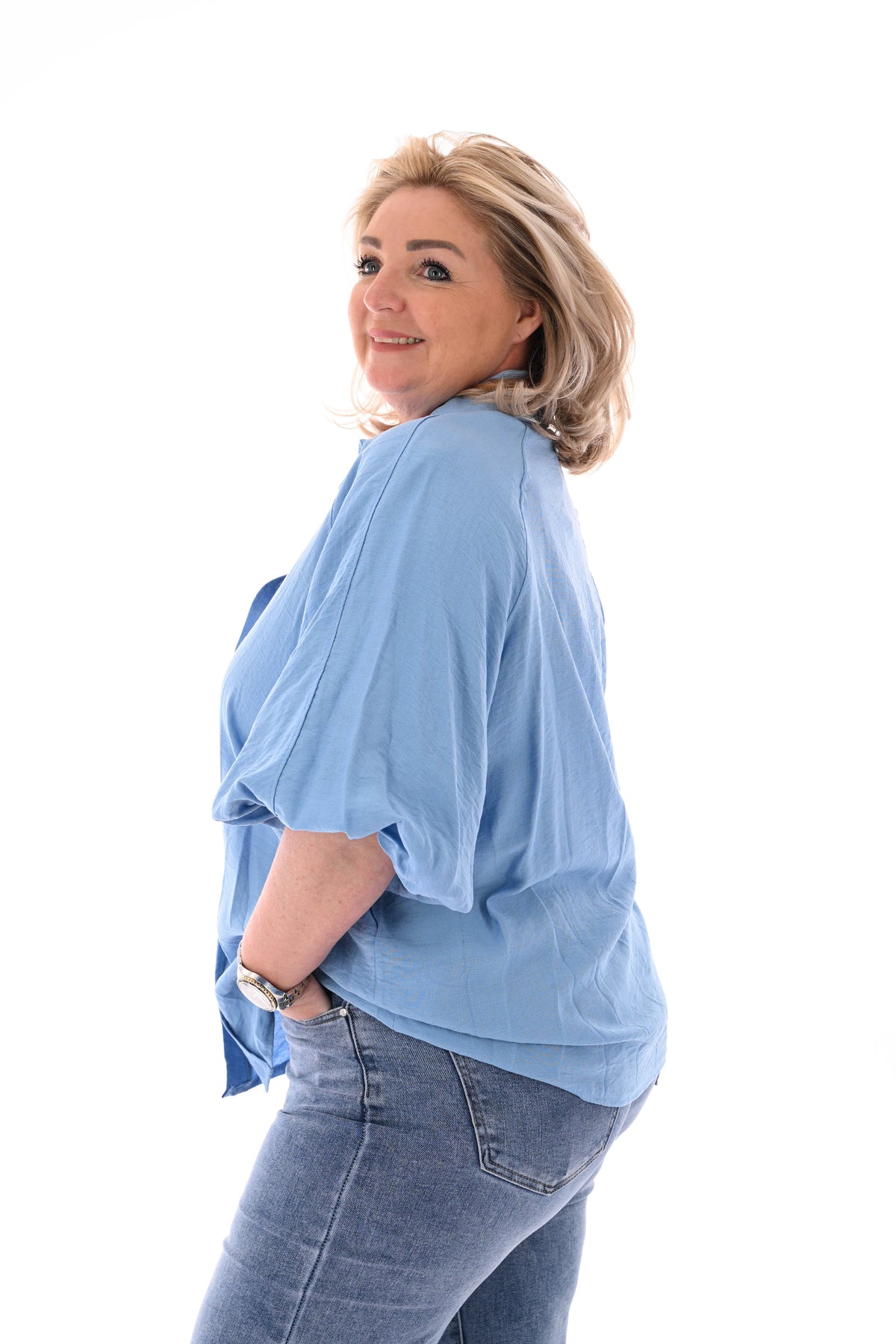 Doorknoop blouse kraag korte pofmouwen jeansblauw