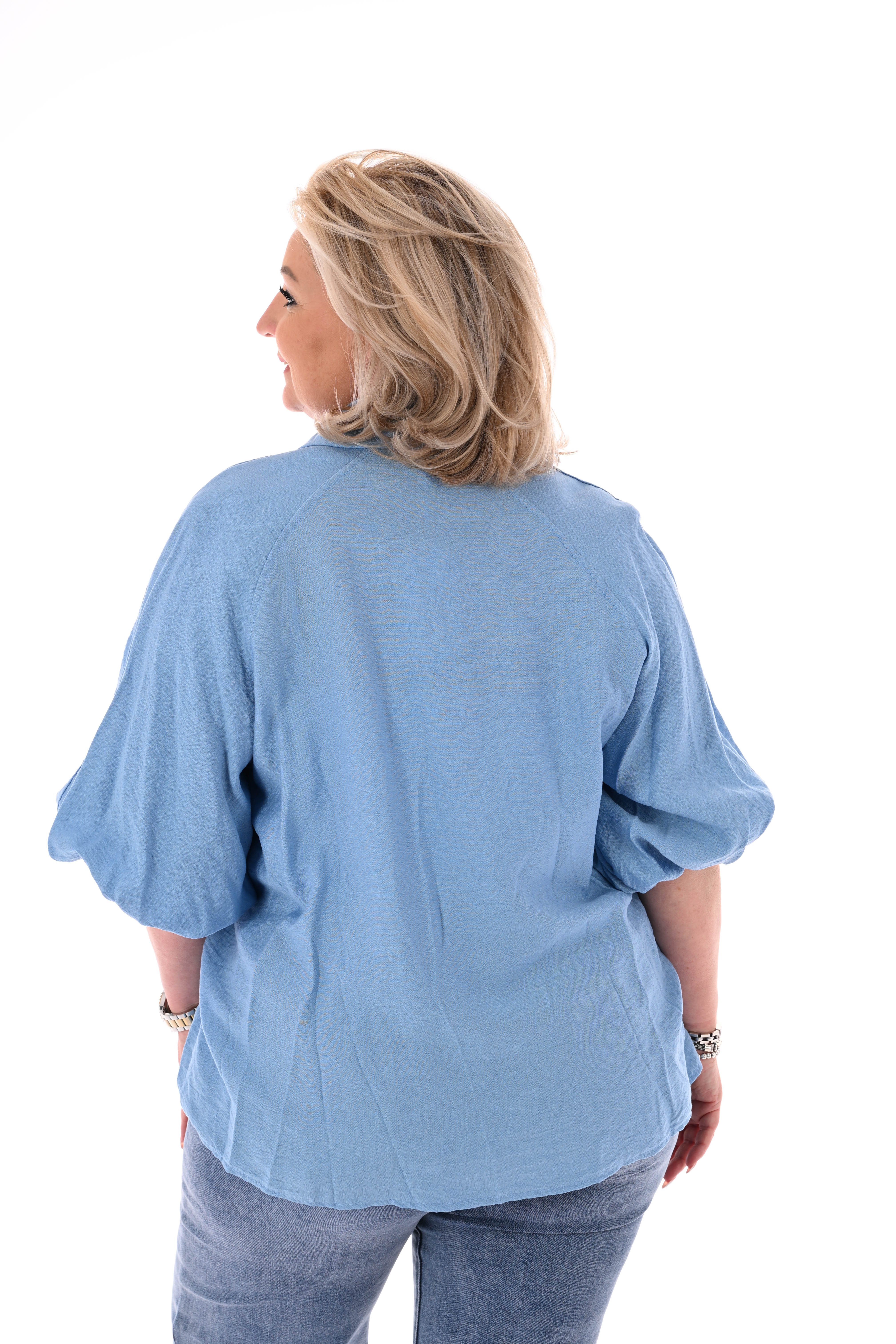 Doorknoop blouse kraag korte pofmouwen jeansblauw