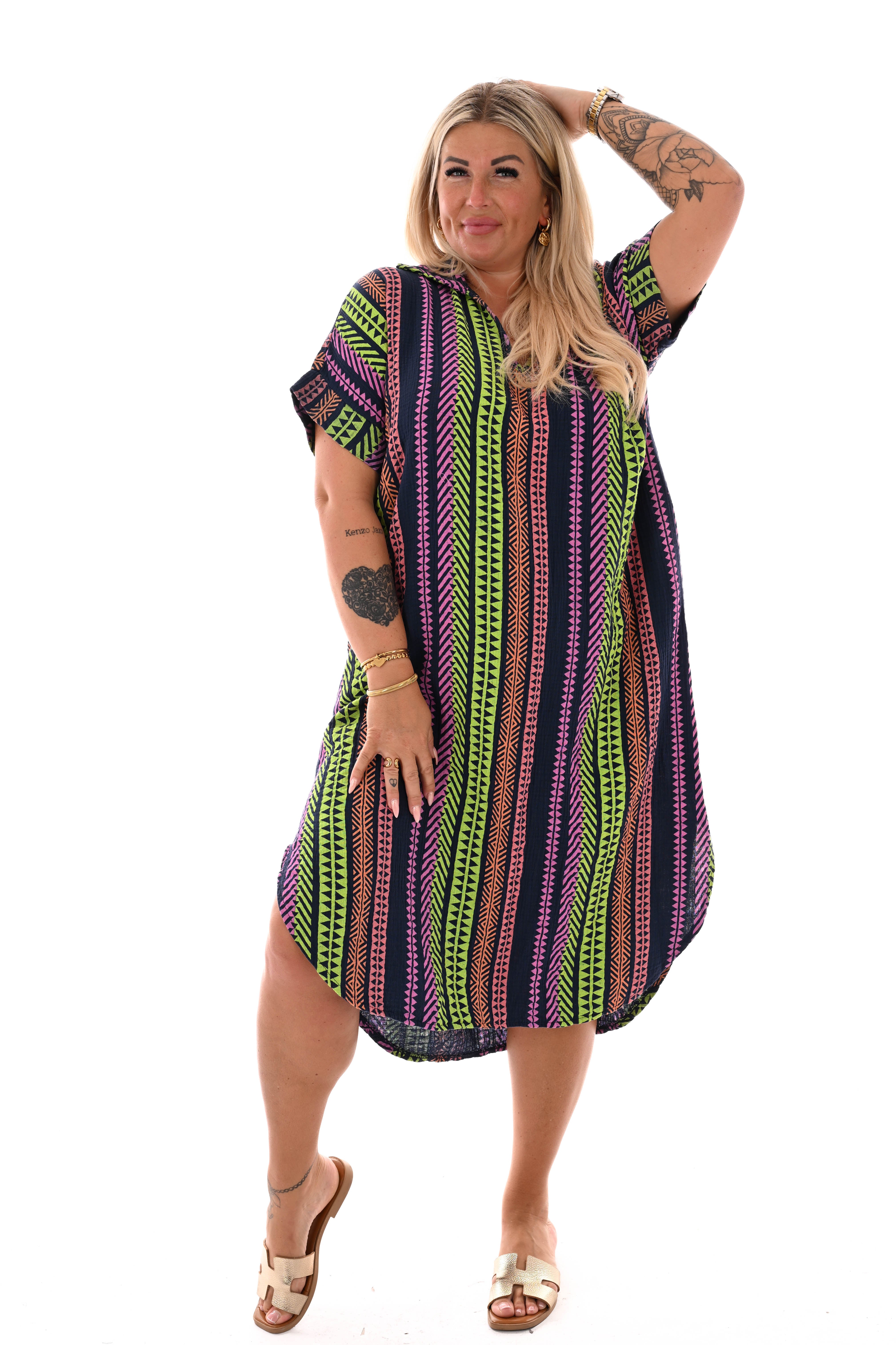 Wafel jurk v-hals aztec print marineblauw