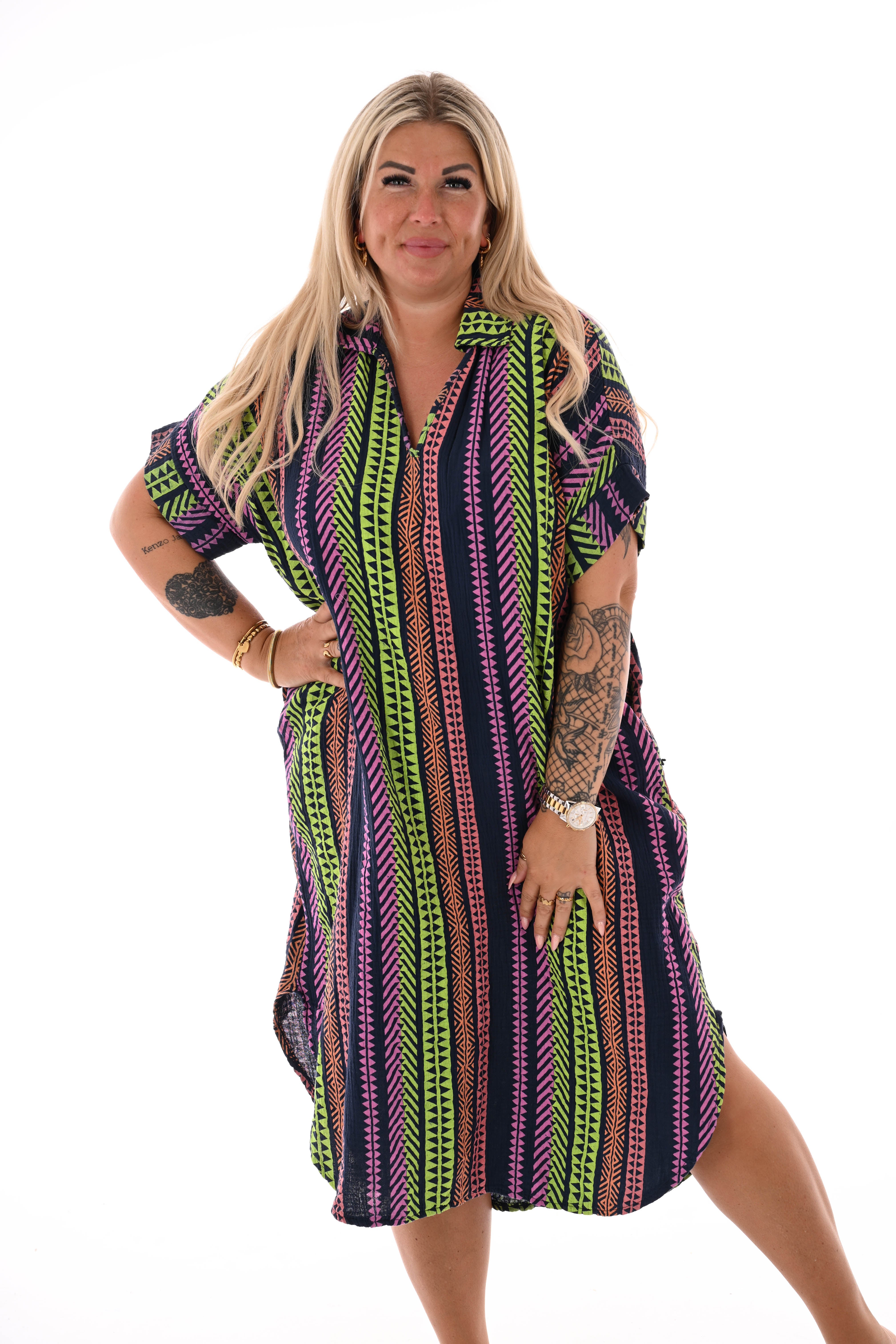 Wafel jurk v-hals aztec print marineblauw