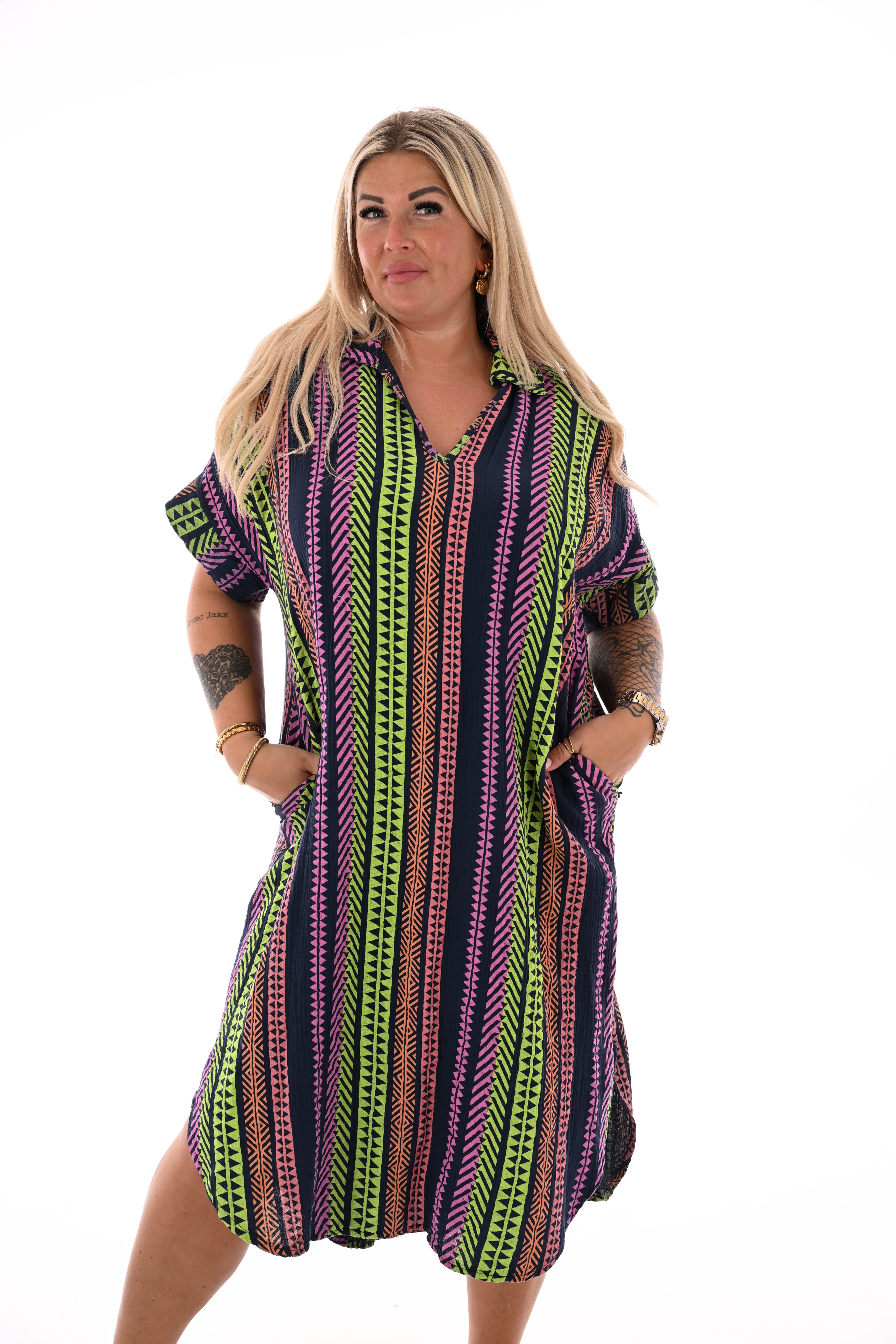 Wafel jurk v-hals aztec print marineblauw