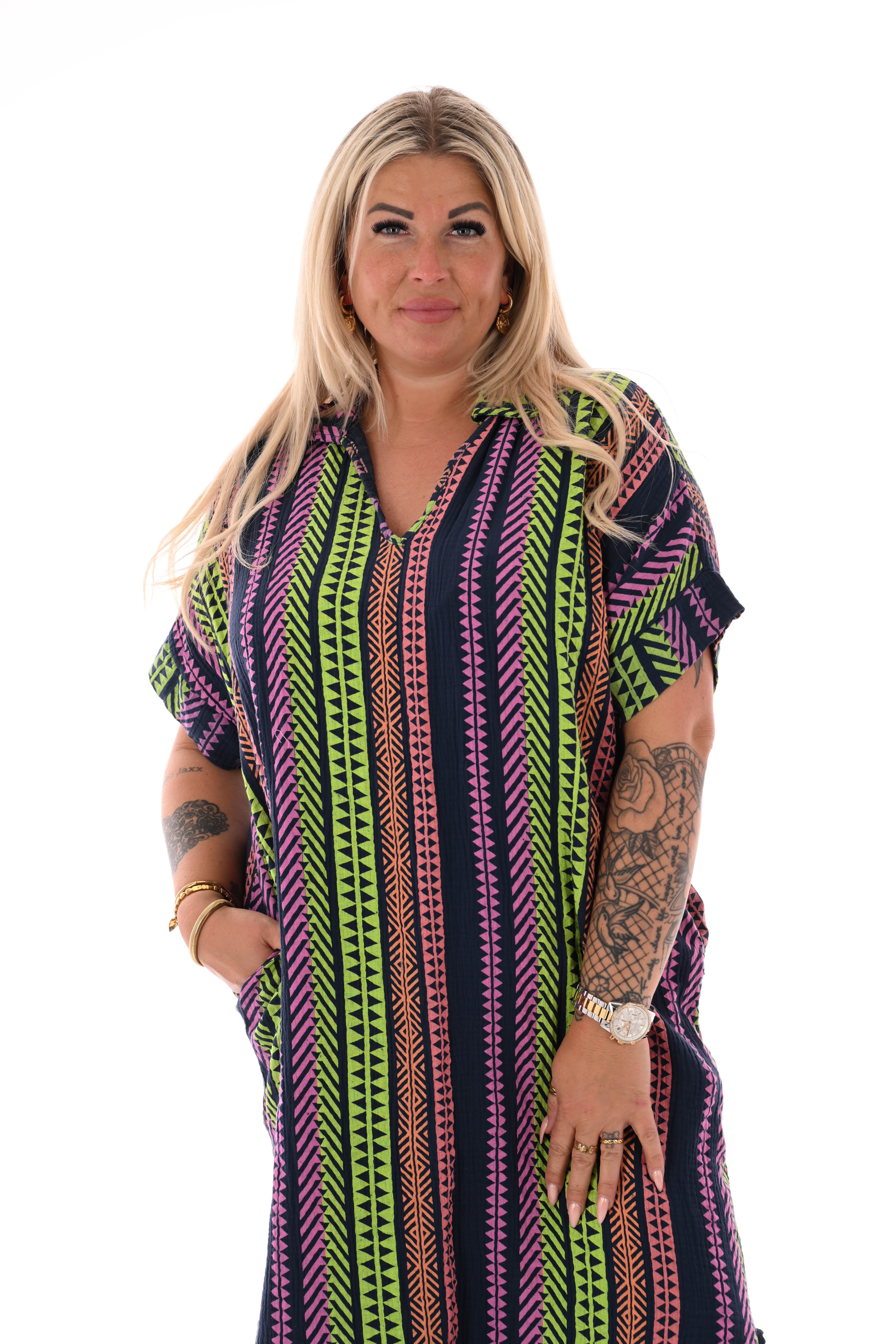 Wafel jurk v-hals aztec print marineblauw