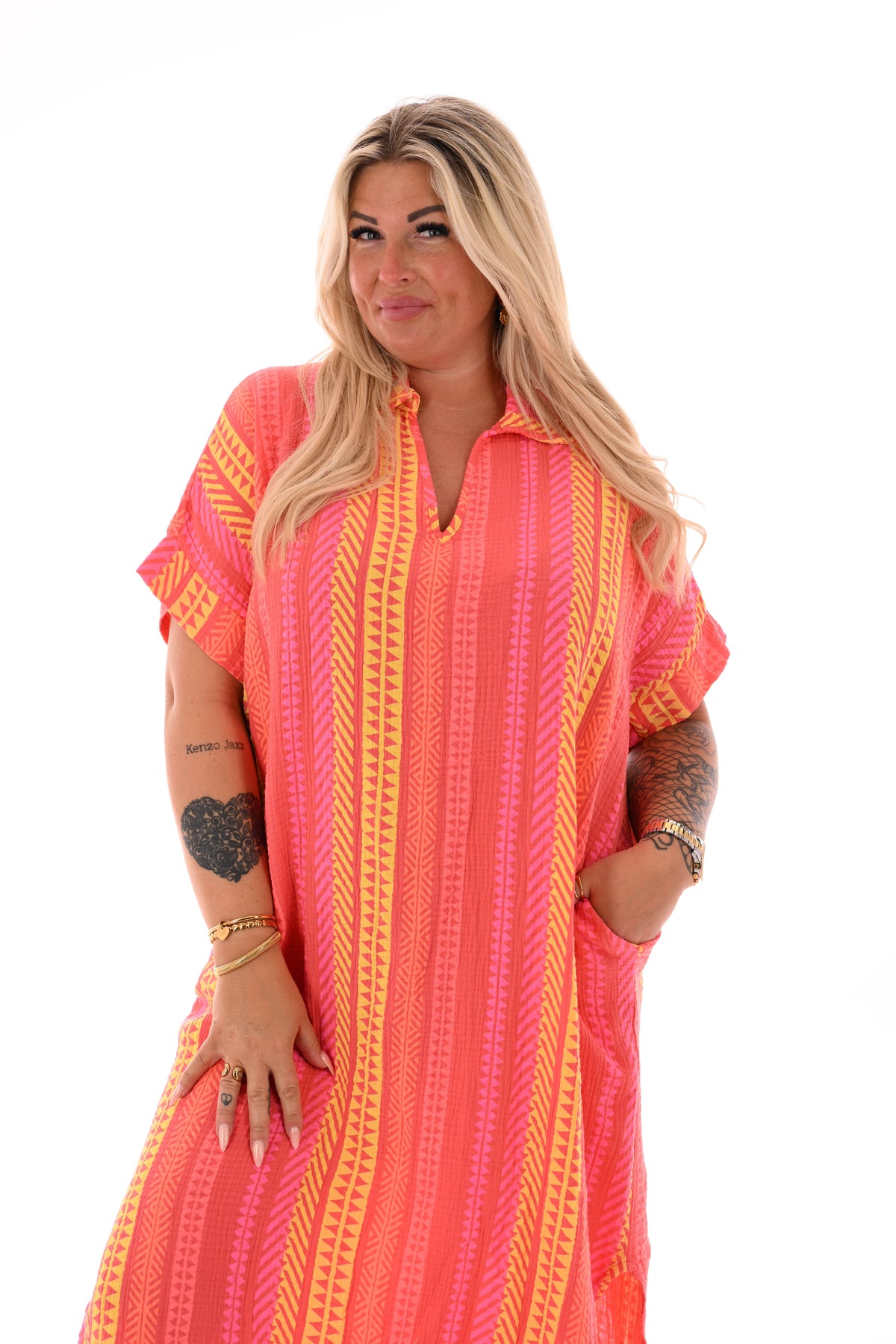 Wafel jurk v-hals aztec print koraal