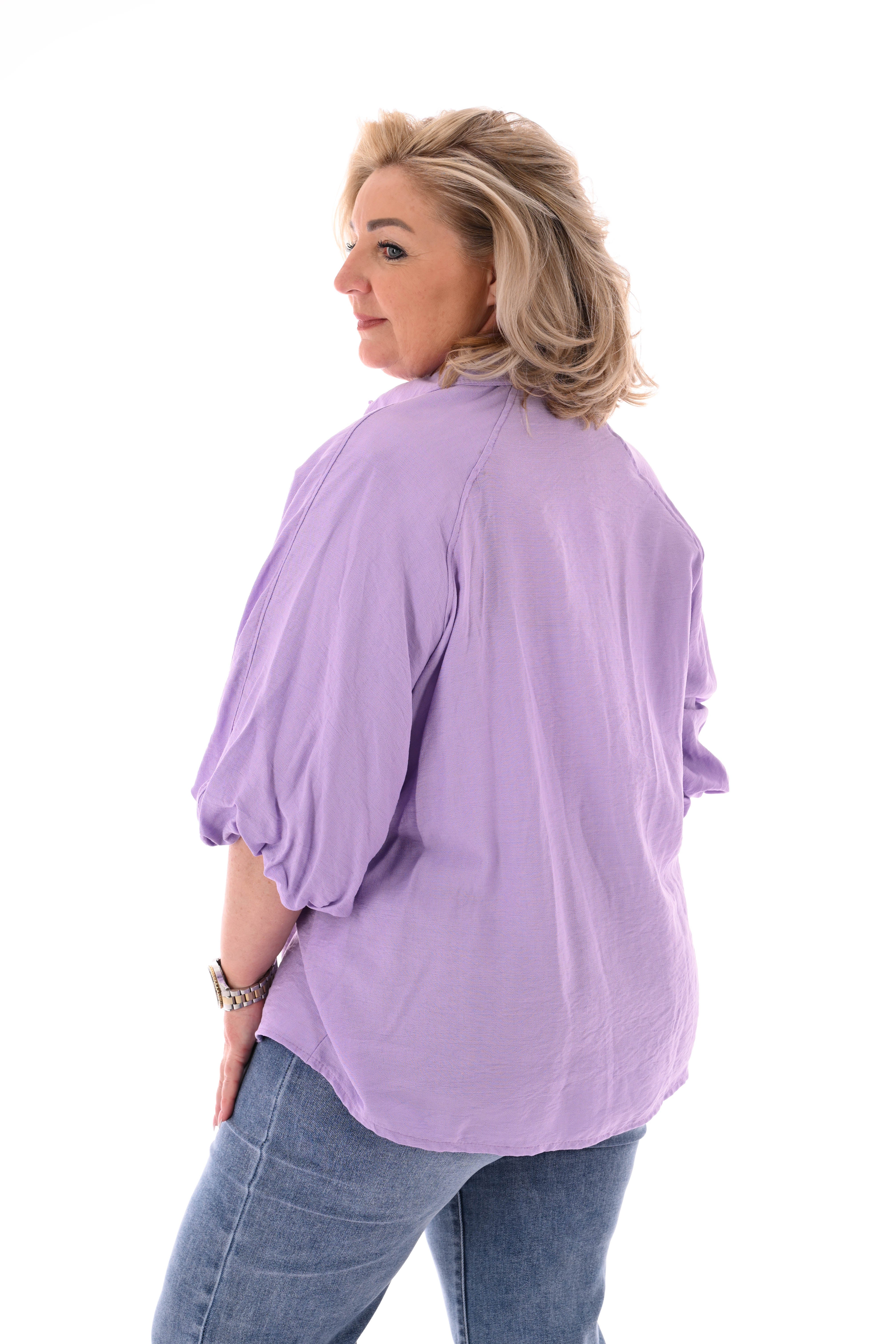 Doorknoop blouse kraag korte pofmouwen lila