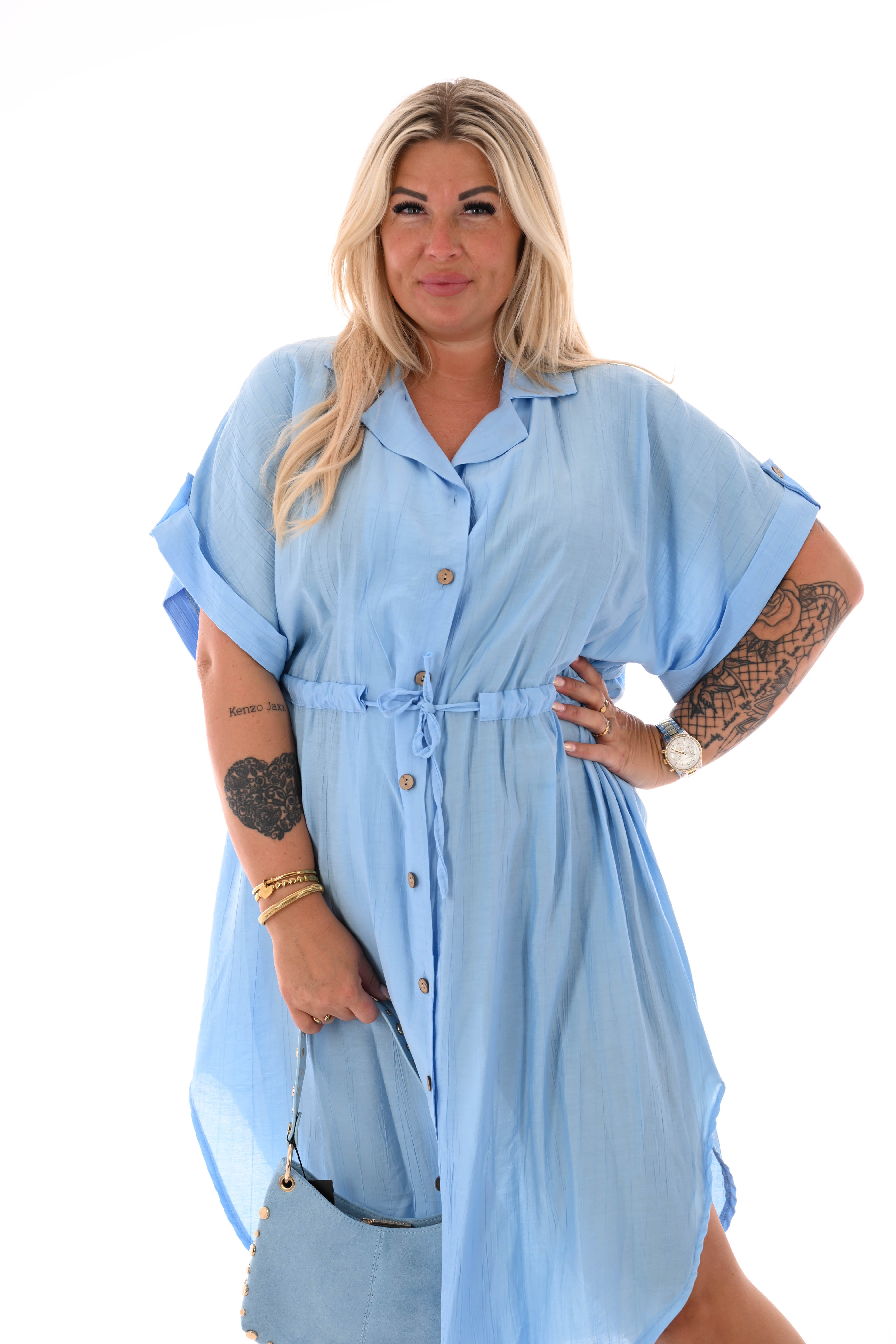 Jurk korte mouwen met taille aantrekkoord lichtblauw