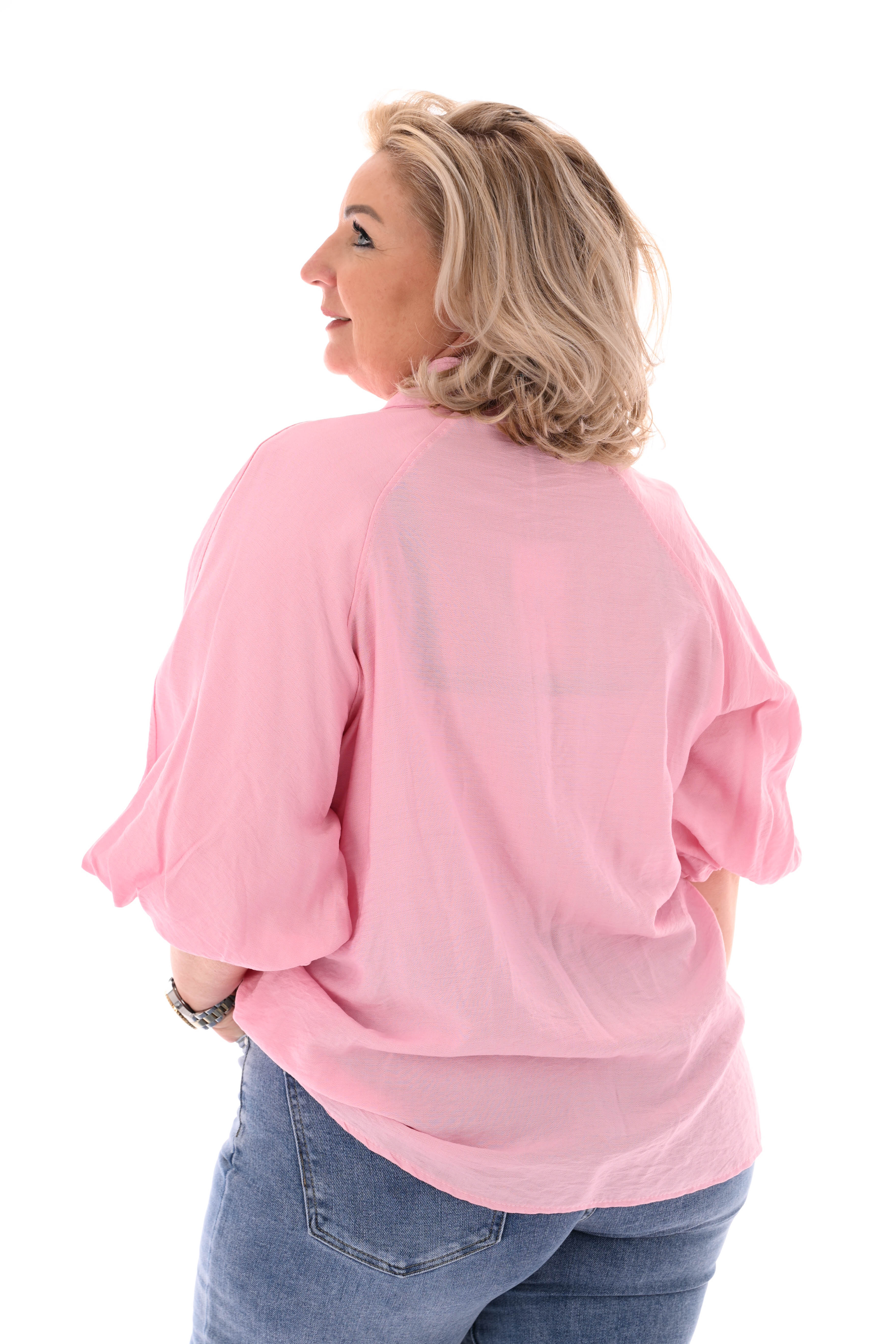 Doorknoop blouse kraag korte pofmouwen lichtroze