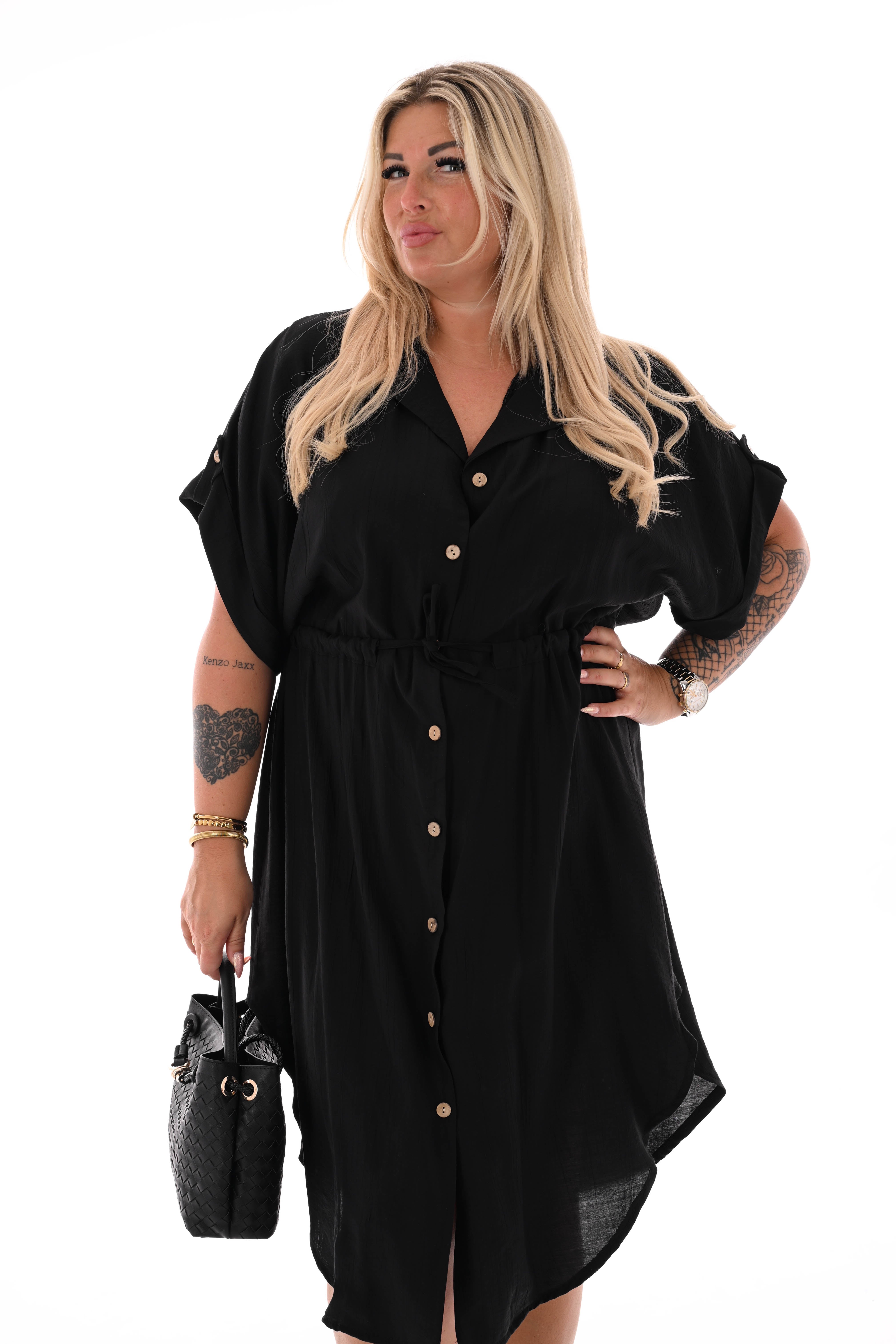 Jurk korte mouwen met taille aantrekkoord zwart