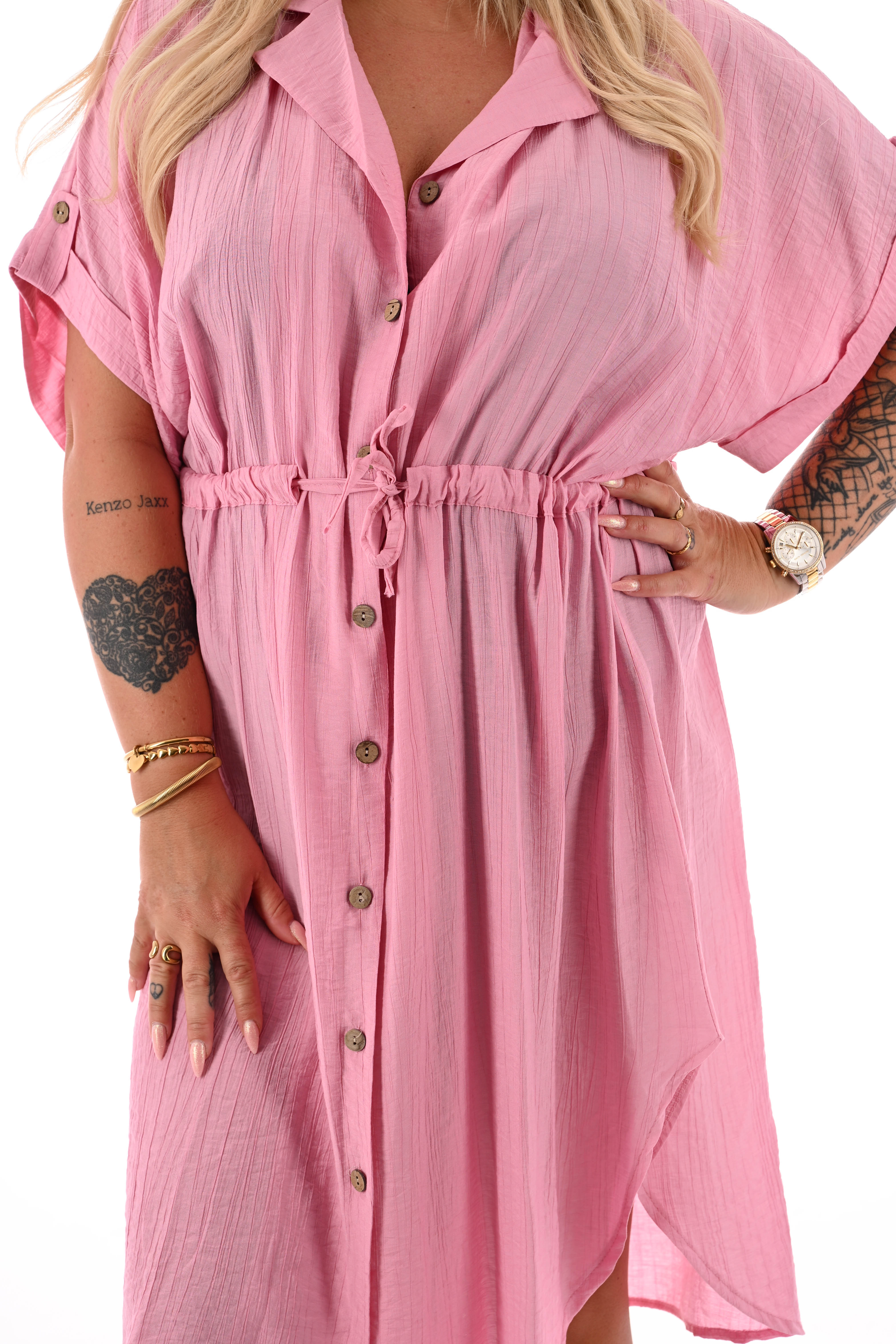 Jurk korte mouwen met taille aantrekkoord lichtroze