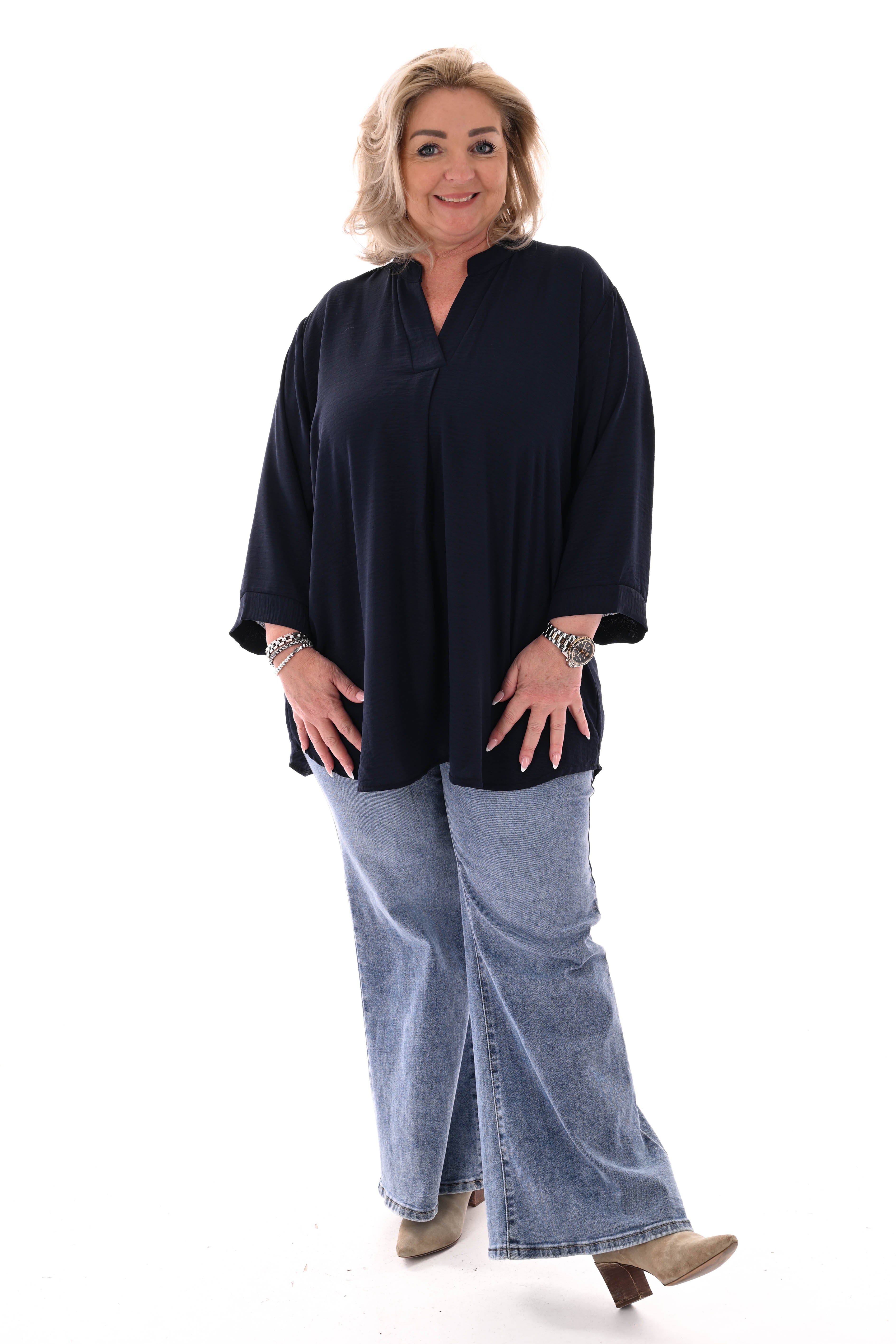 Top 3/4e korte mouwen v-hals uni marineblauw