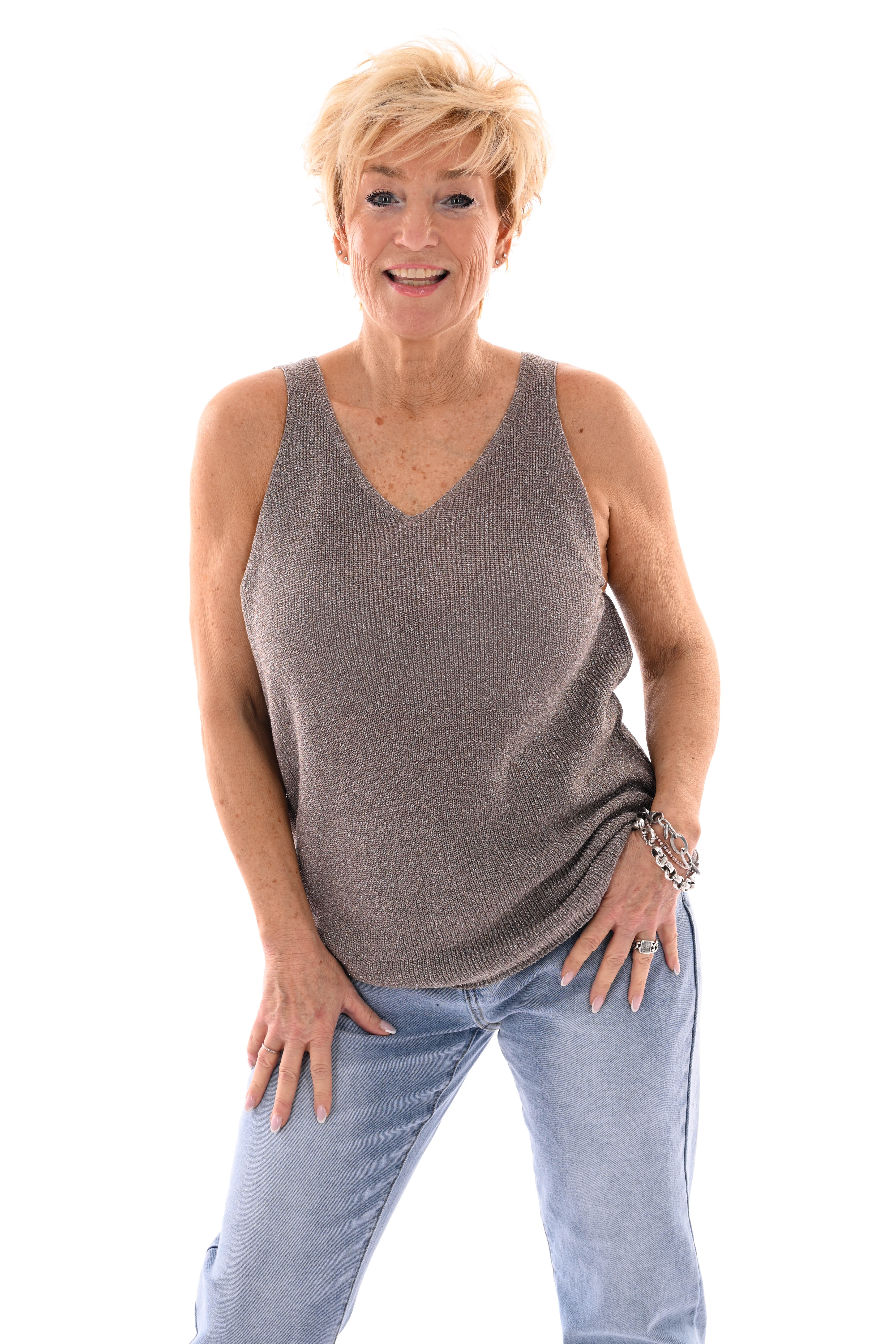 Hemdje lurex v-hals taupe