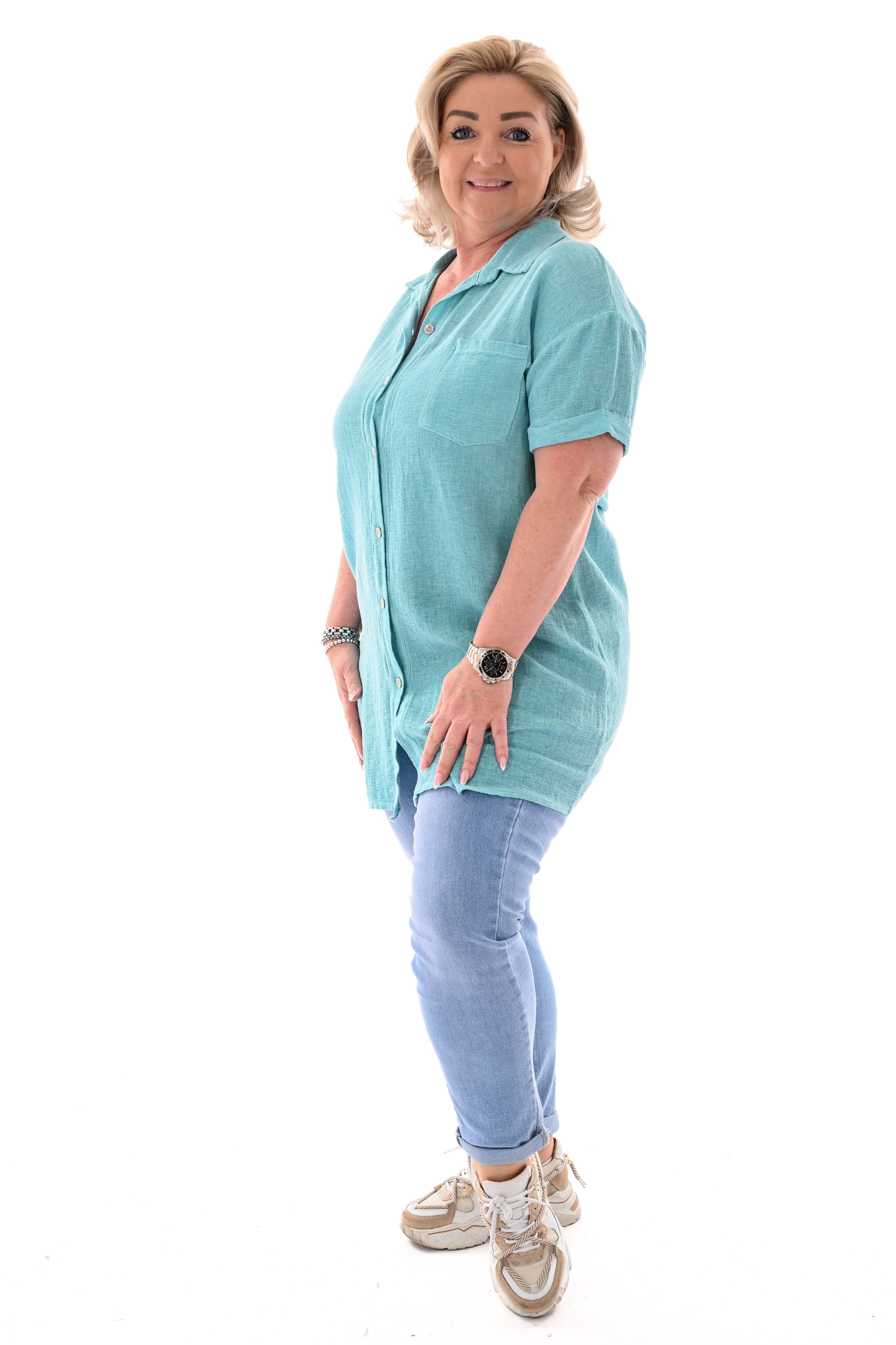 Lange doorknoop blouse korte mouwen uni turquoise