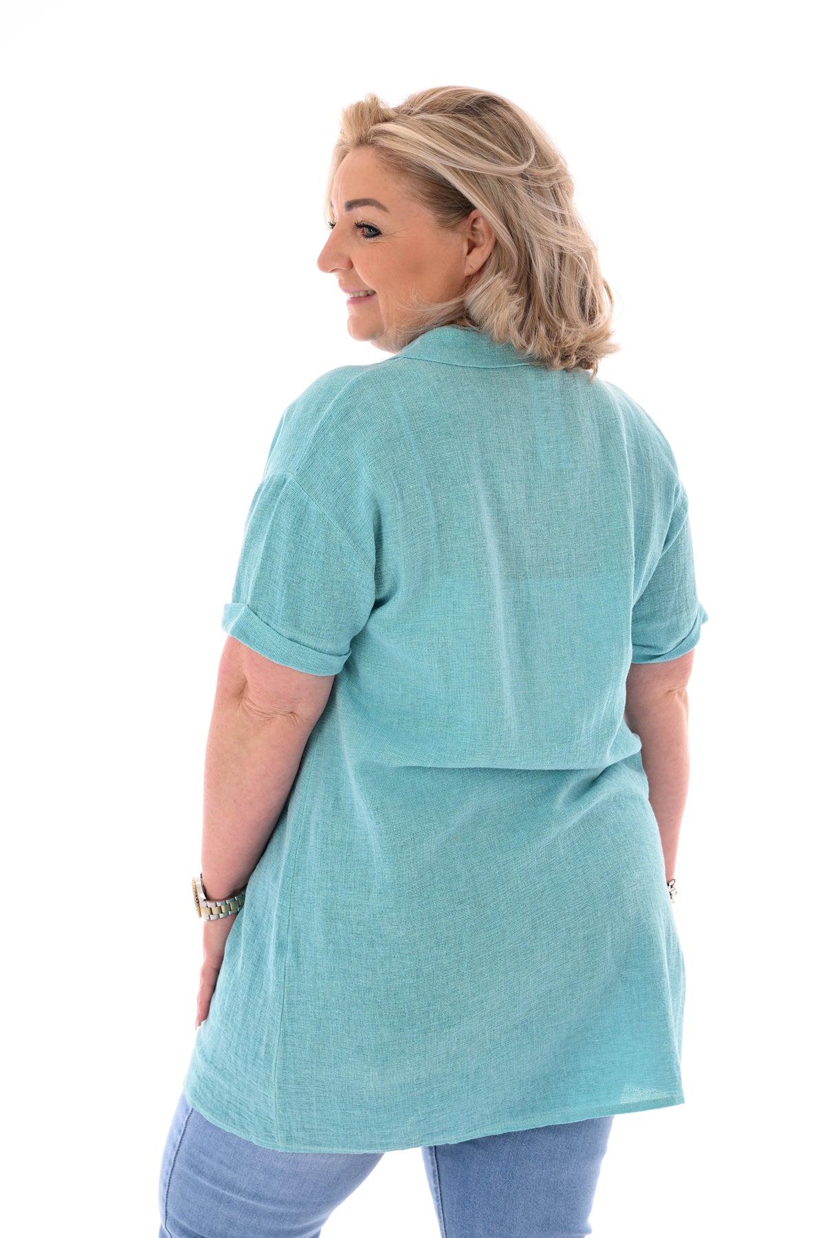 Lange doorknoop blouse korte mouwen uni turquoise
