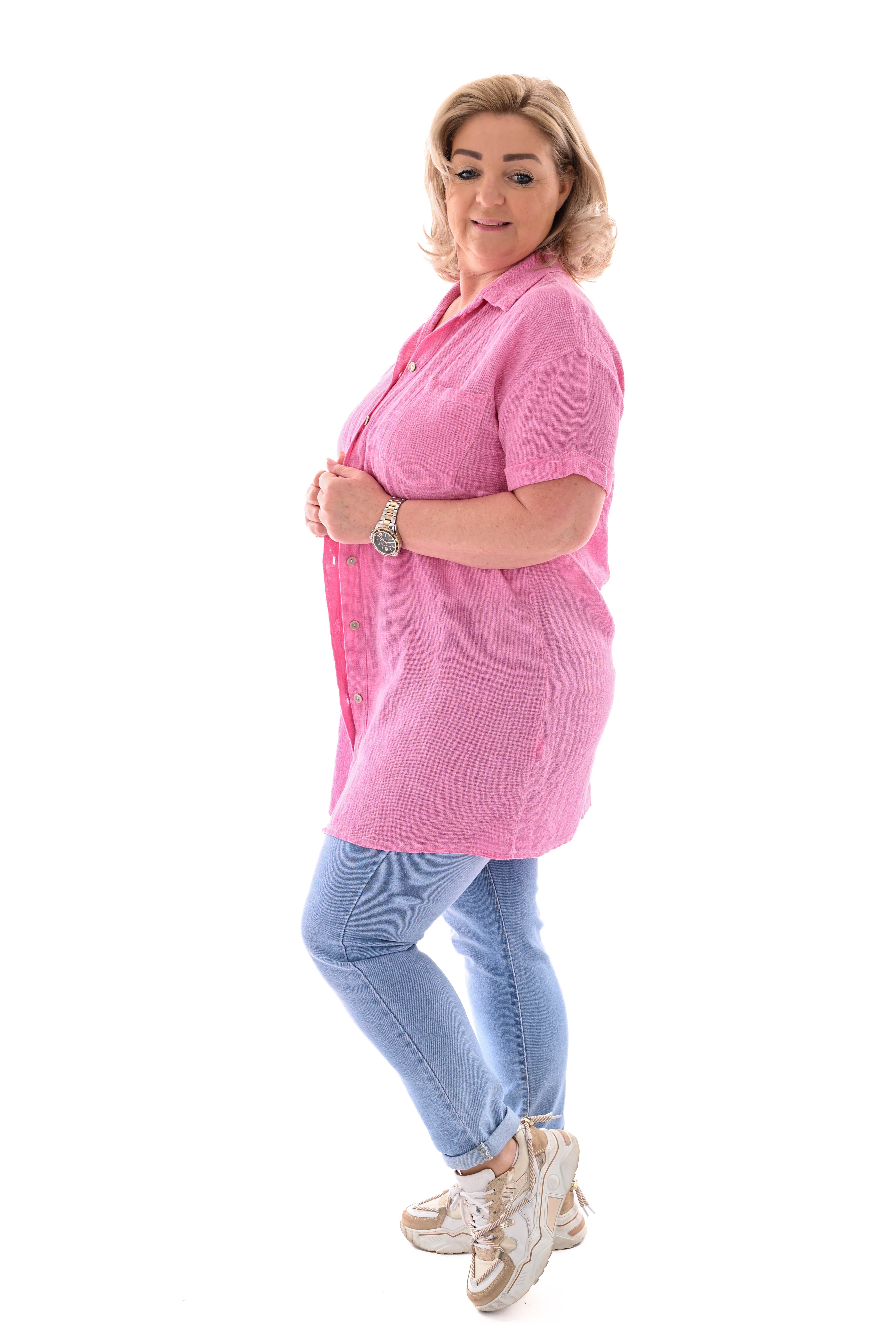 Lange doorknoop blouse korte mouwen uni roze