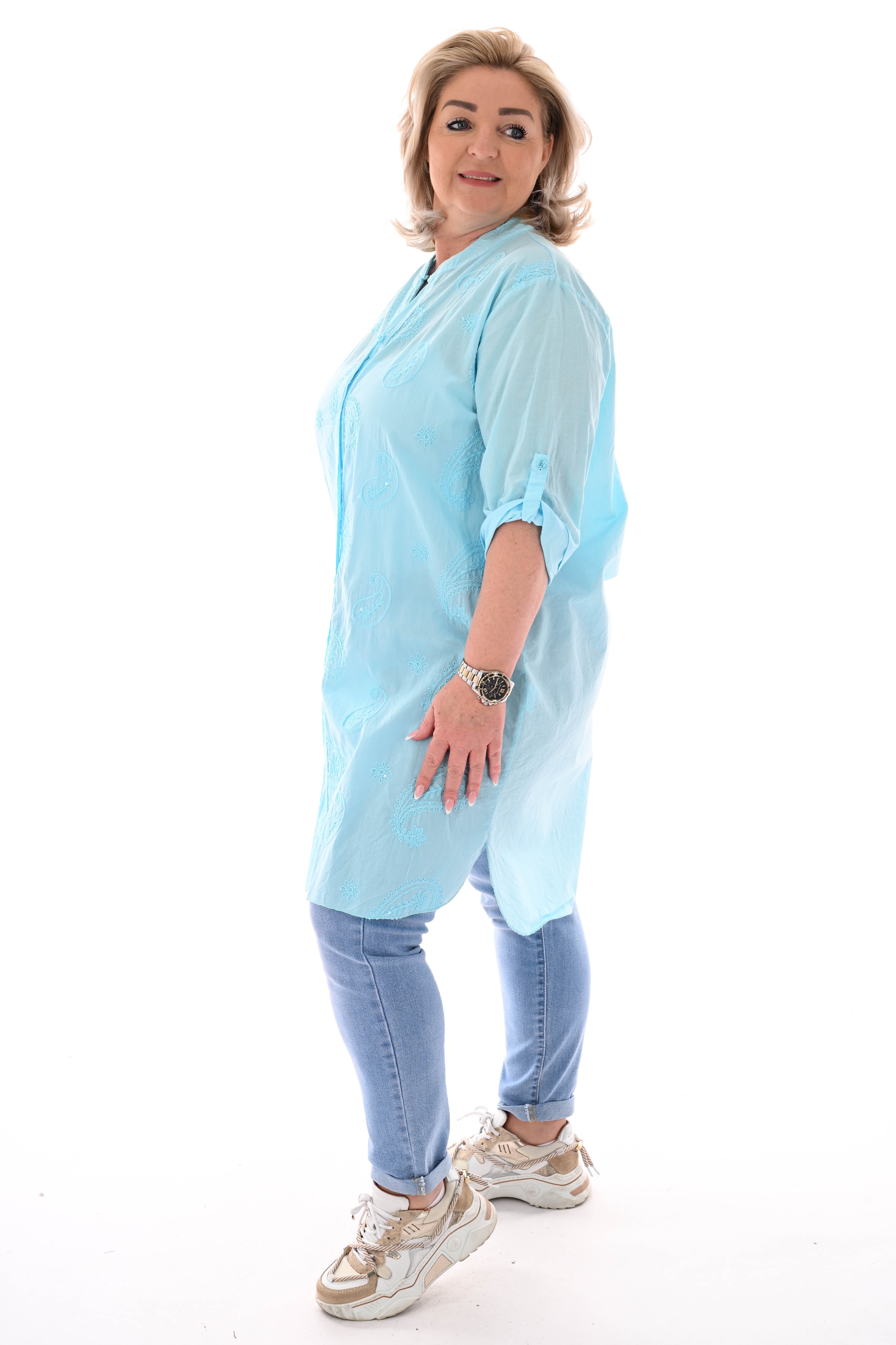 Lange blouse ophaalmouwen paisley aquablauw