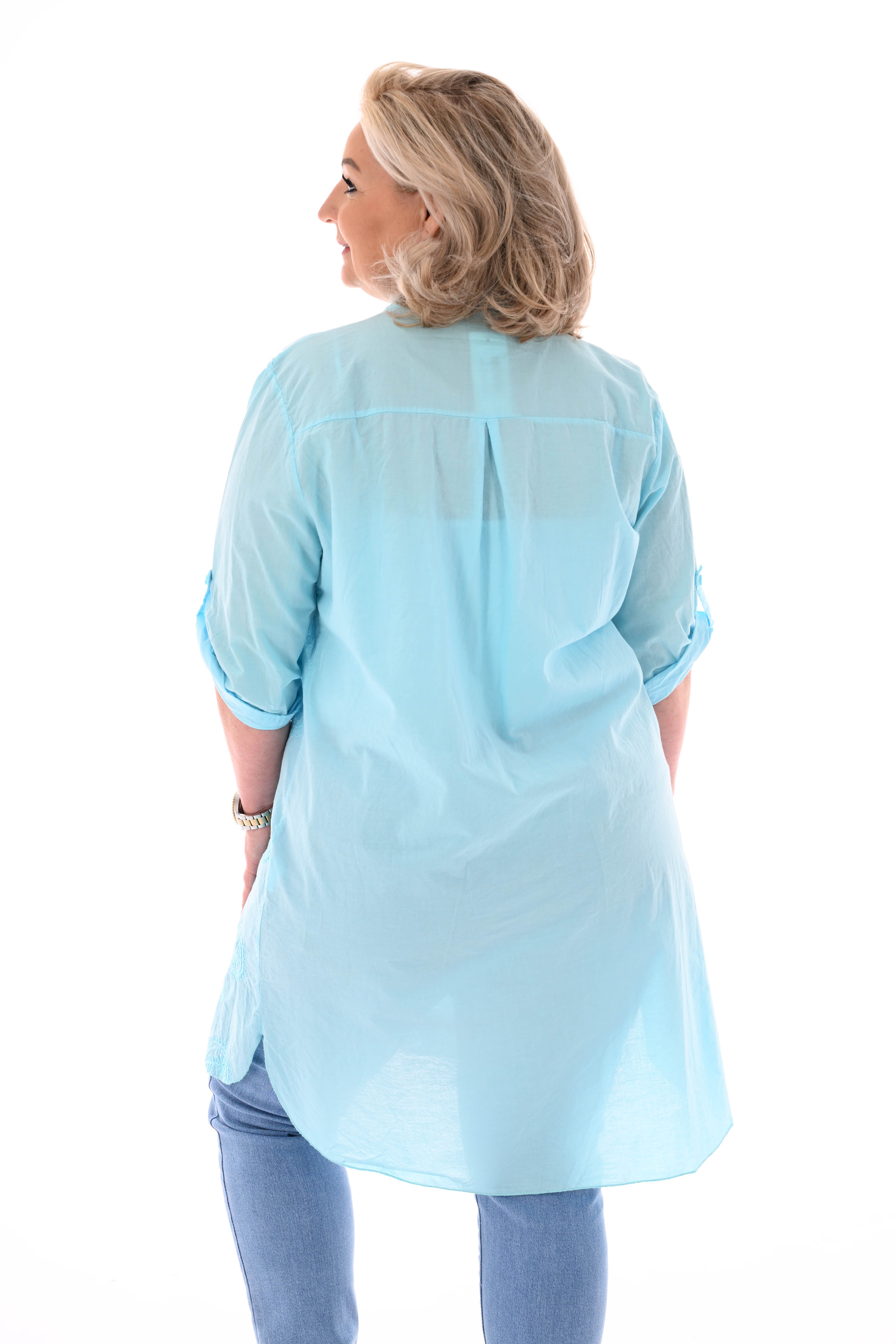 Lange blouse ophaalmouwen paisley aquablauw