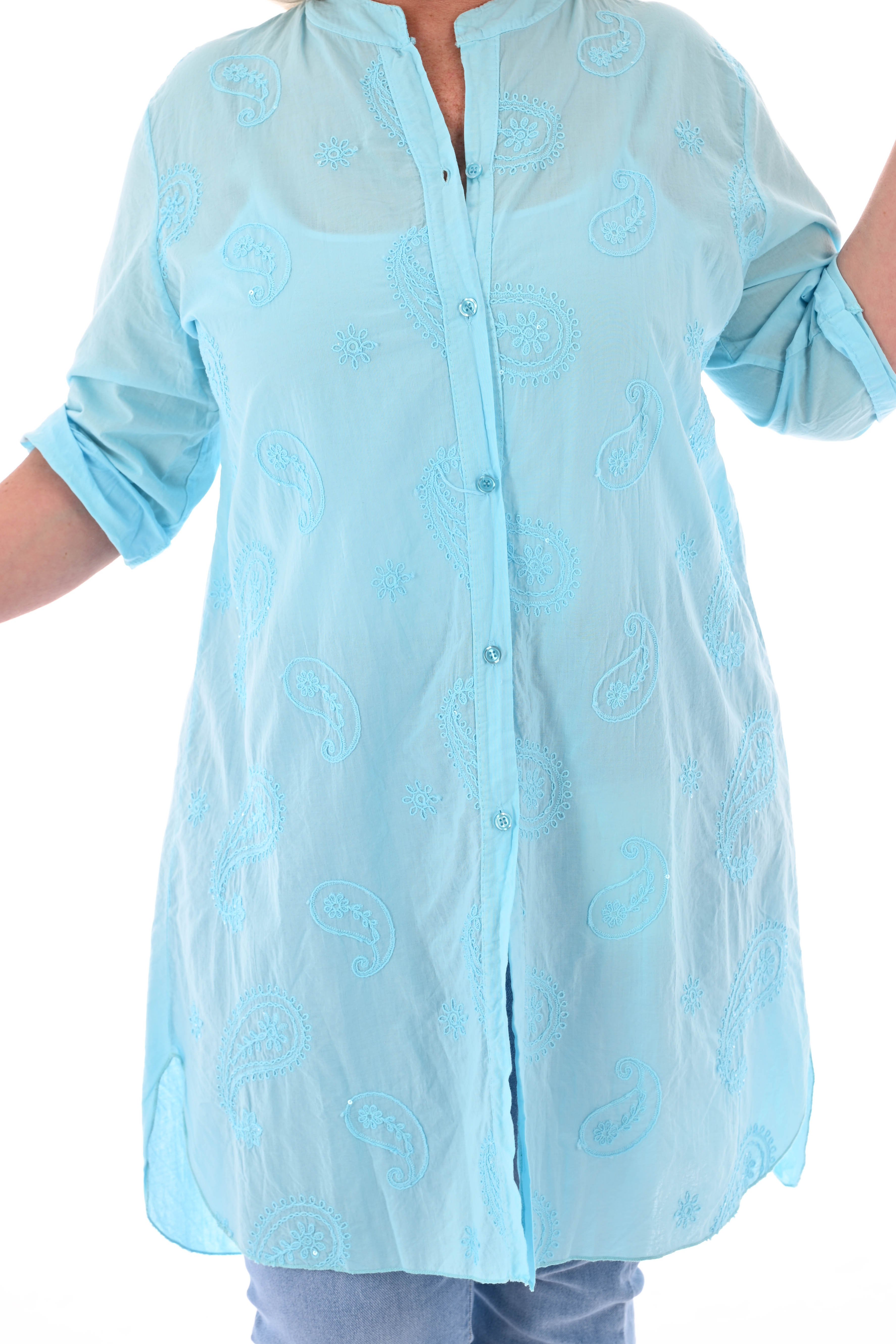 Lange blouse ophaalmouwen paisley aquablauw