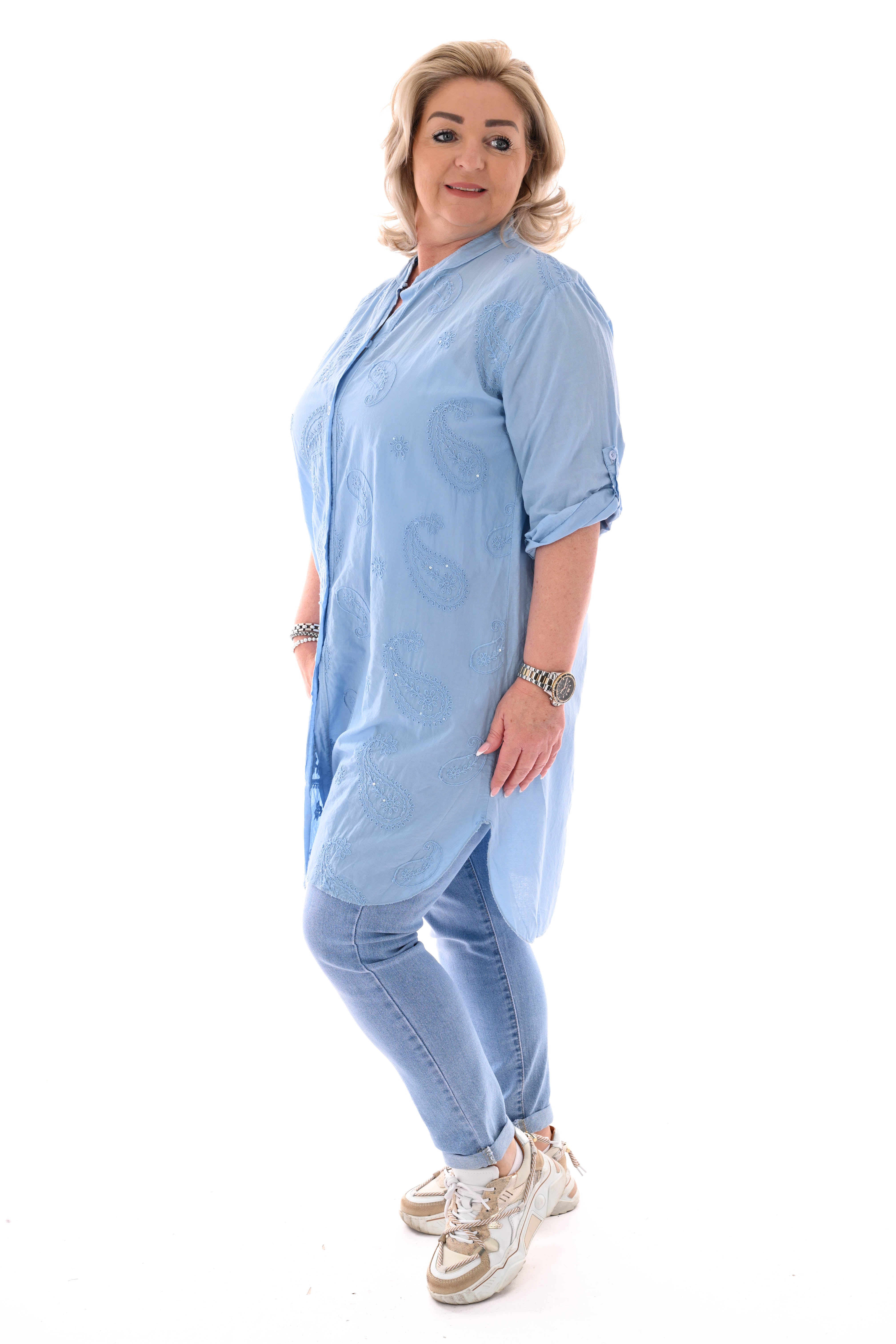 Lange blouse ophaalmouwen paisley jeansblauw