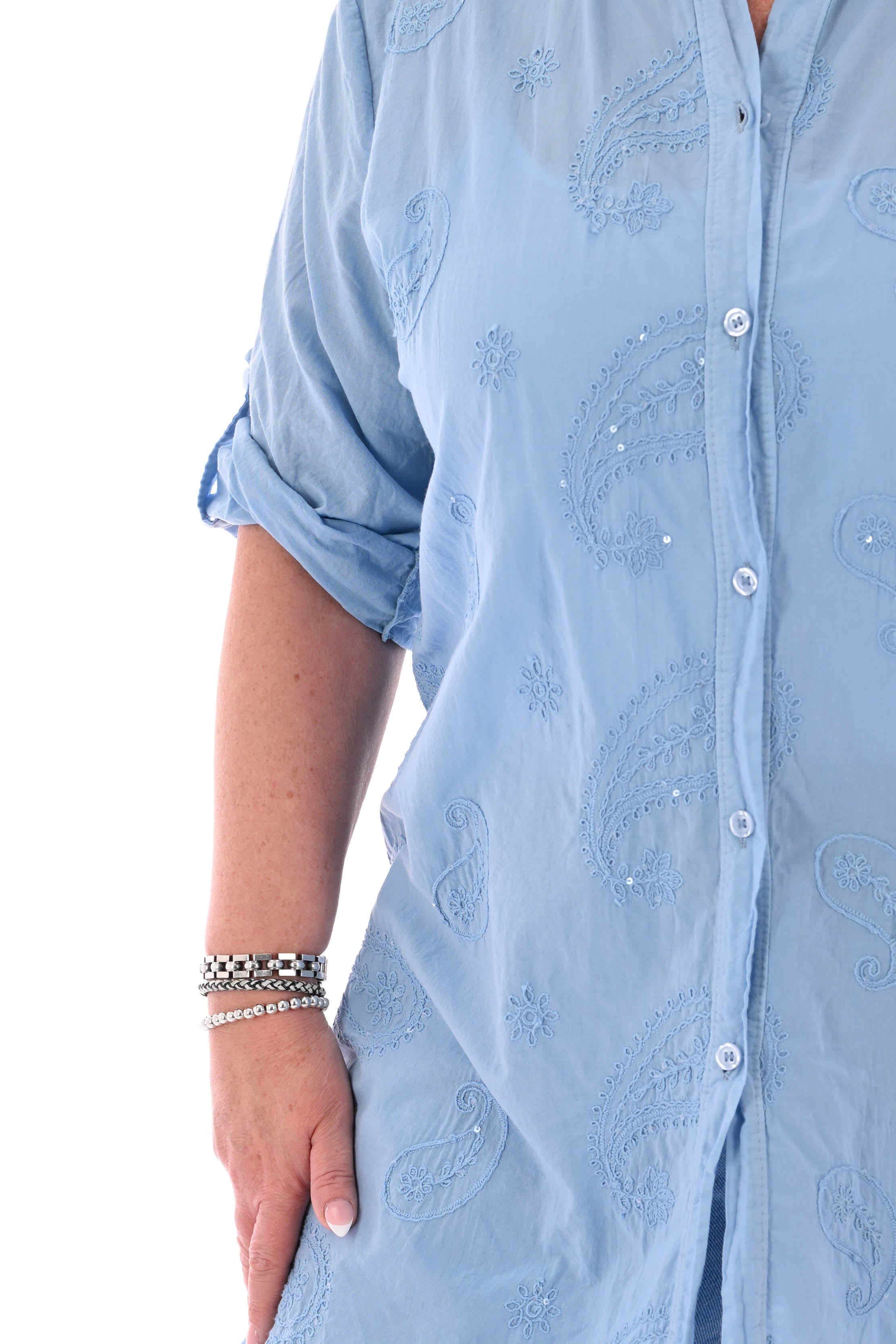 Lange blouse ophaalmouwen paisley jeansblauw