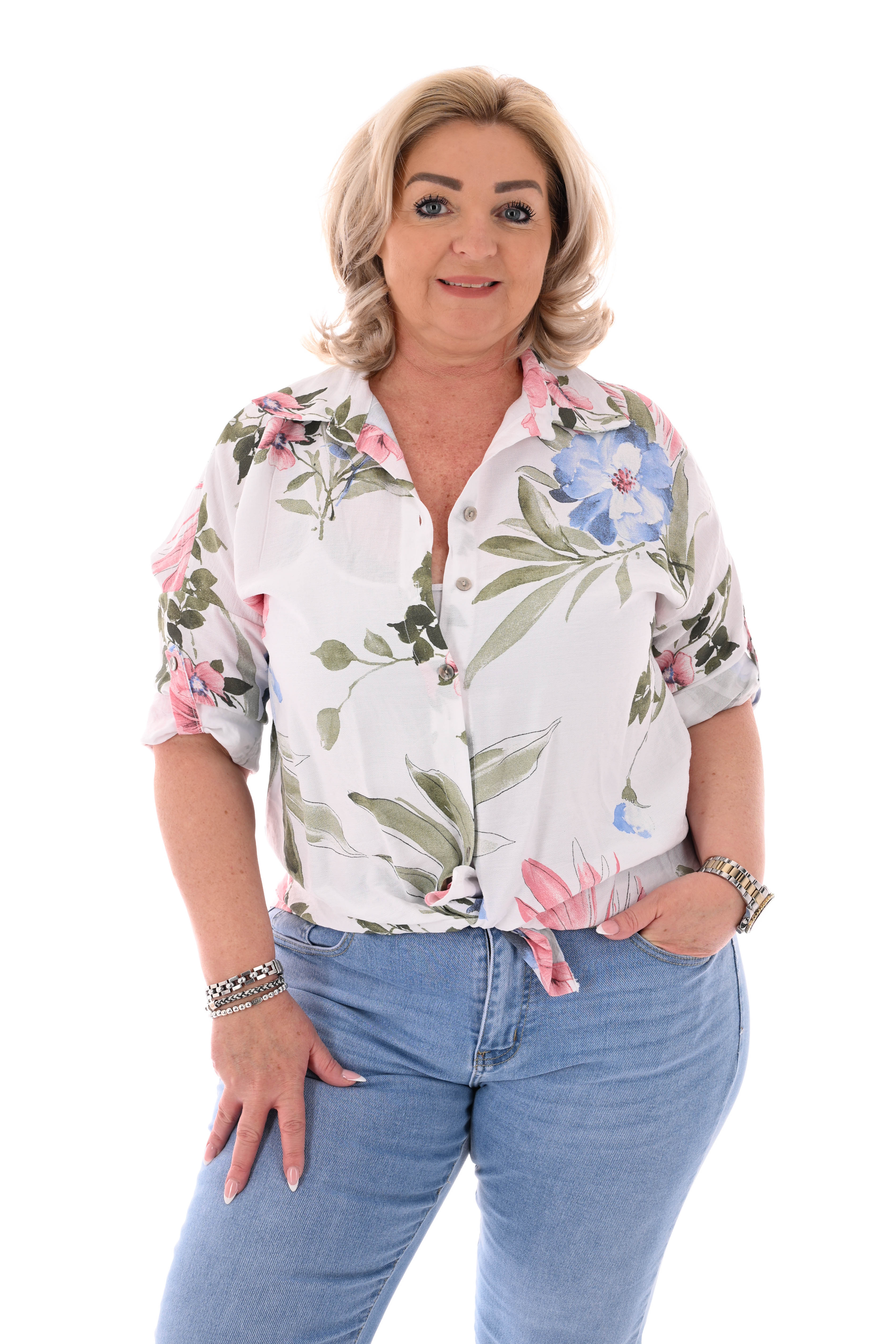 Bloemen blouse ophaalmouwen wit