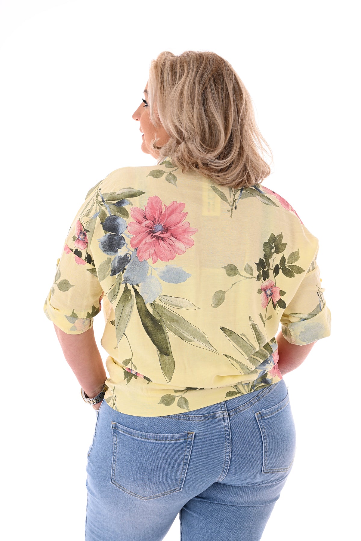 Bloemen blouse ophaalmouwen lichtgeel