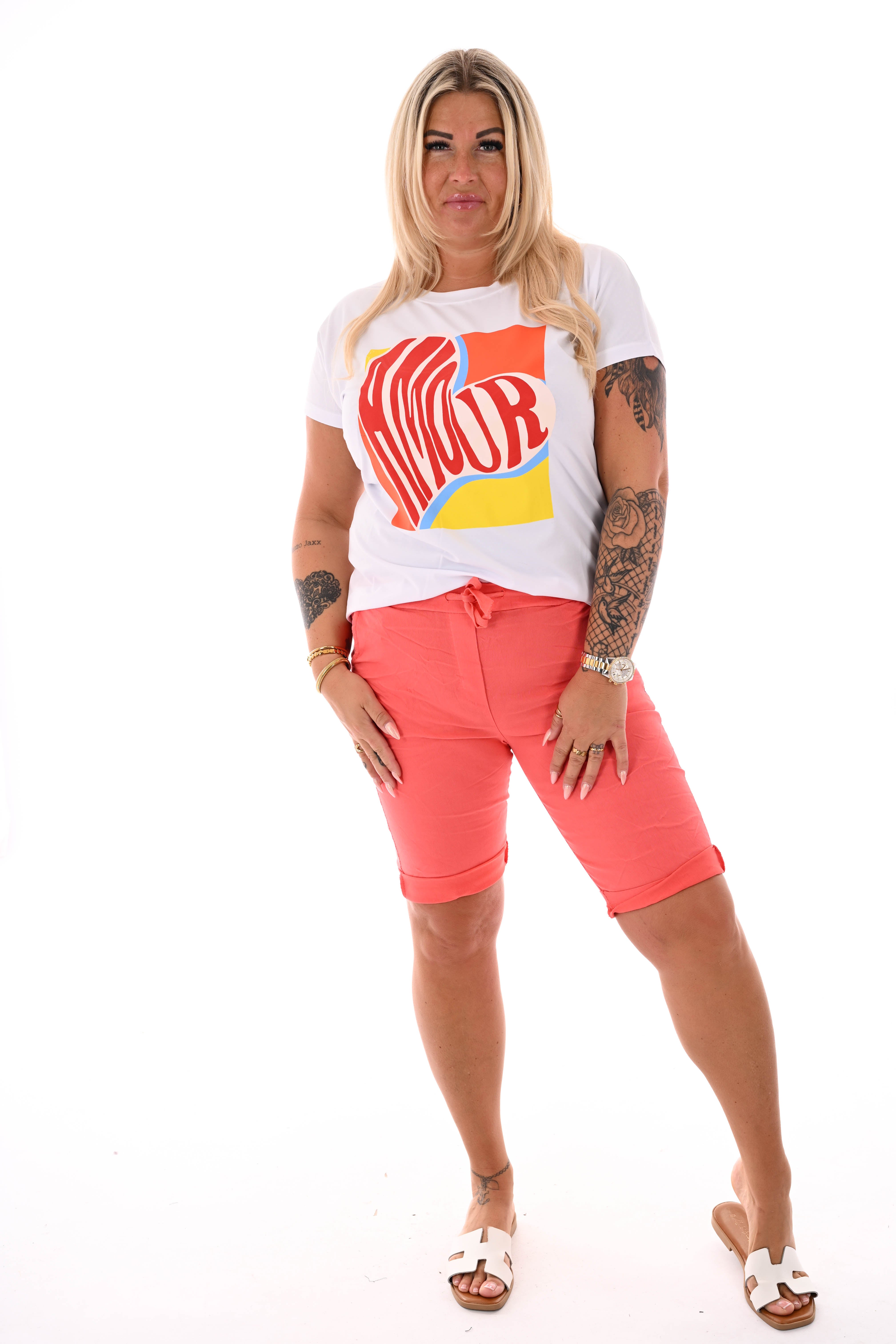 Stretchbroek bermuda uni koraal