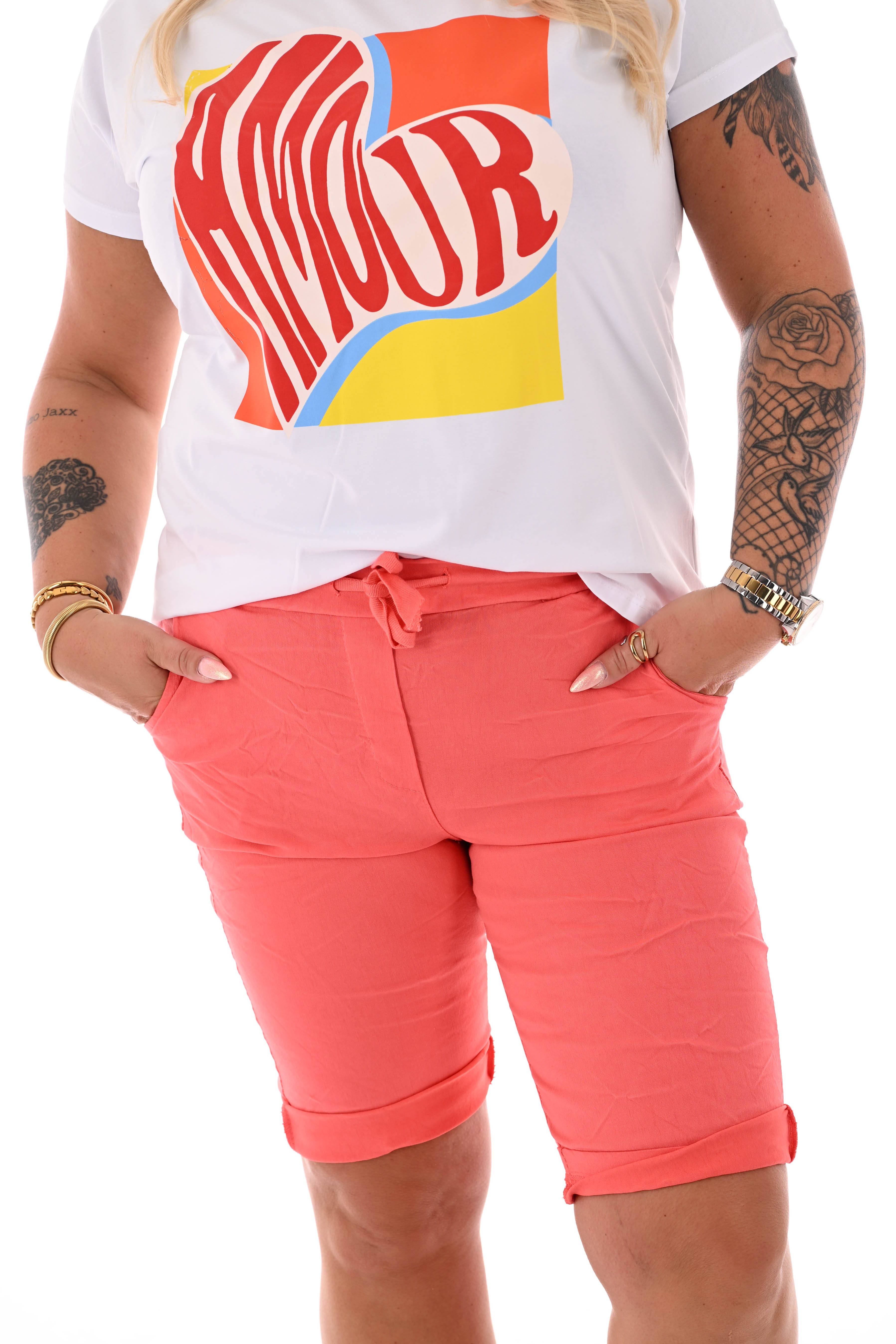 Stretchbroek bermuda uni koraal