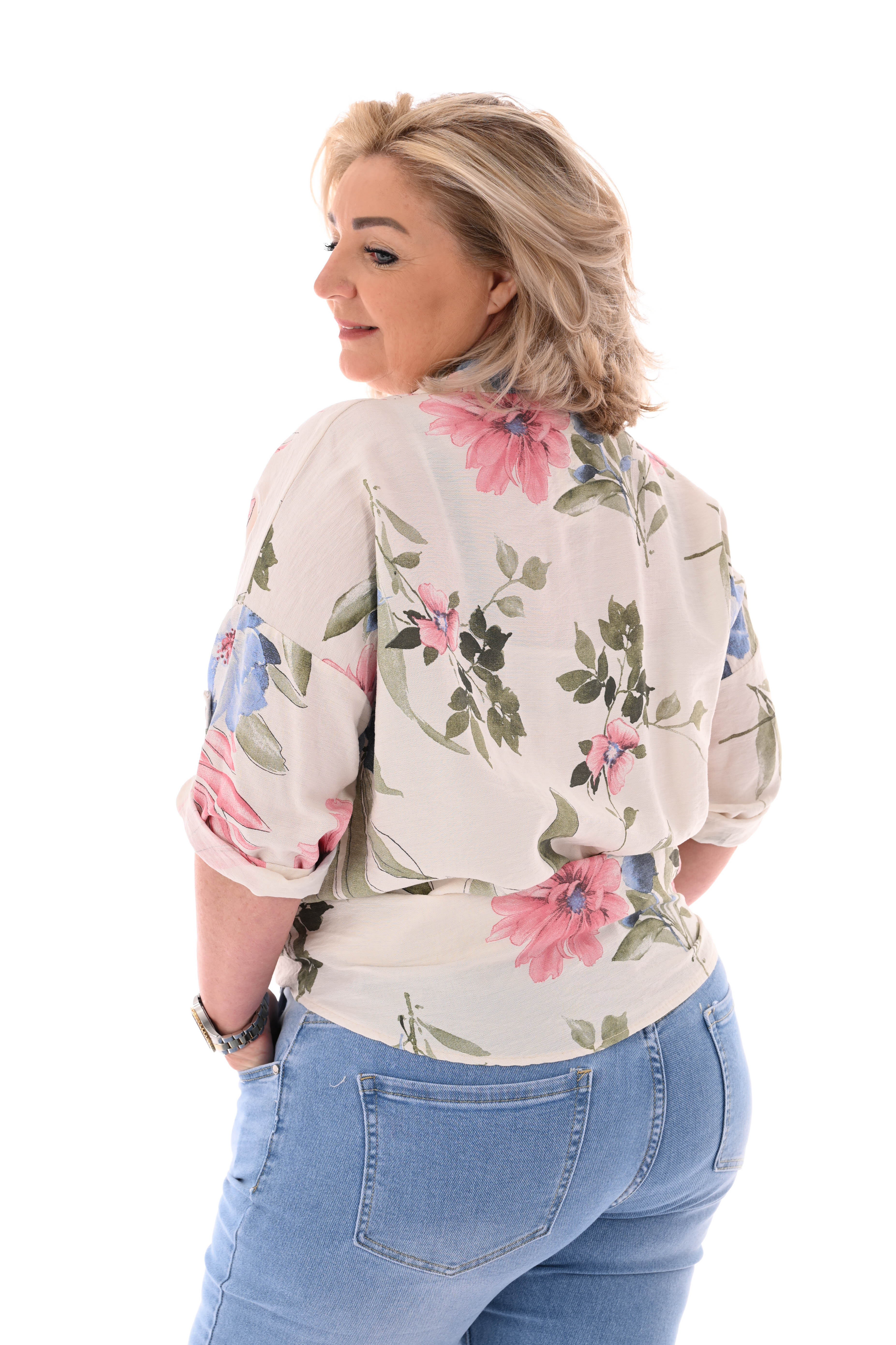 Bloemen blouse ophaalmouwen creme