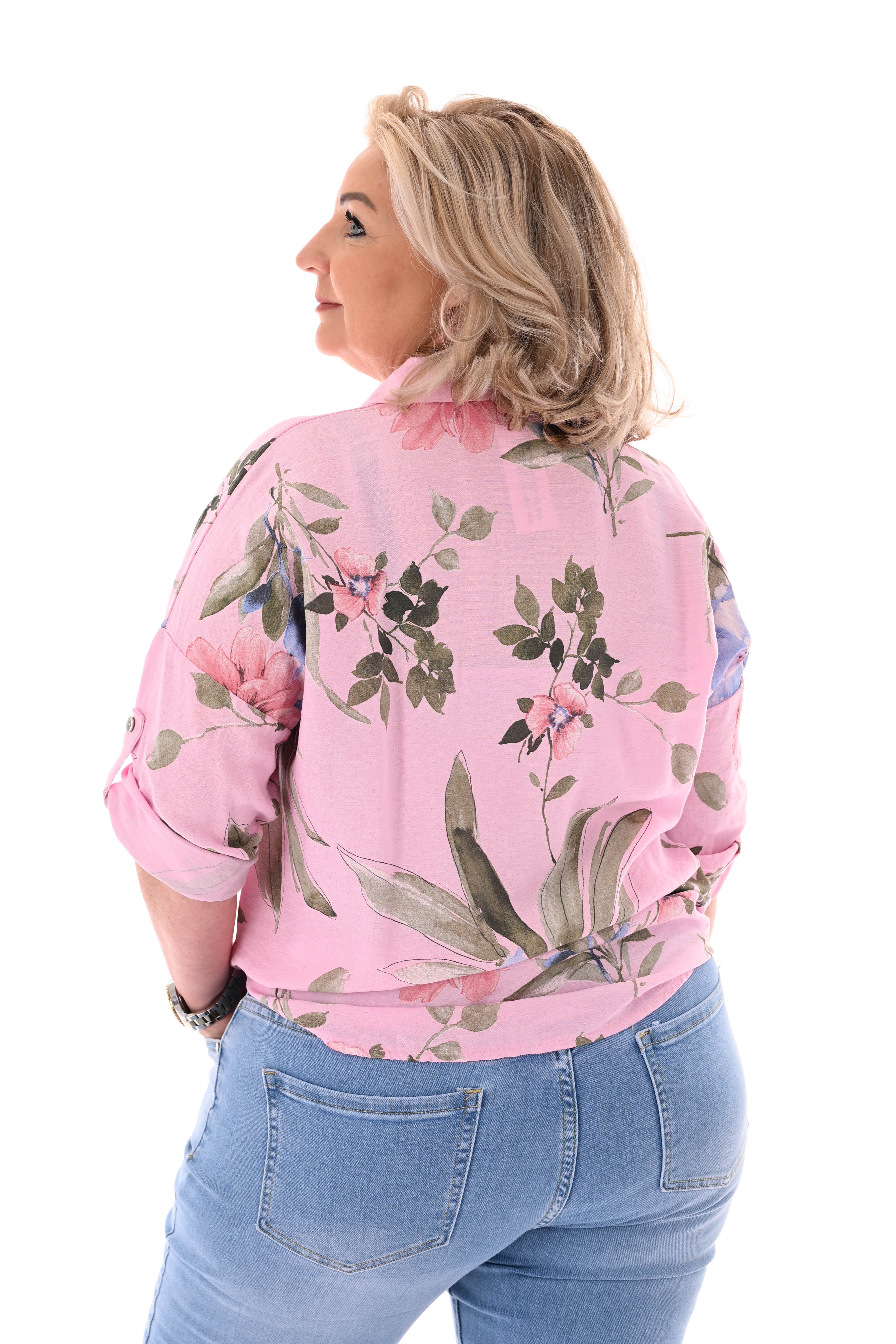 Bloemen blouse ophaalmouwen lichtroze